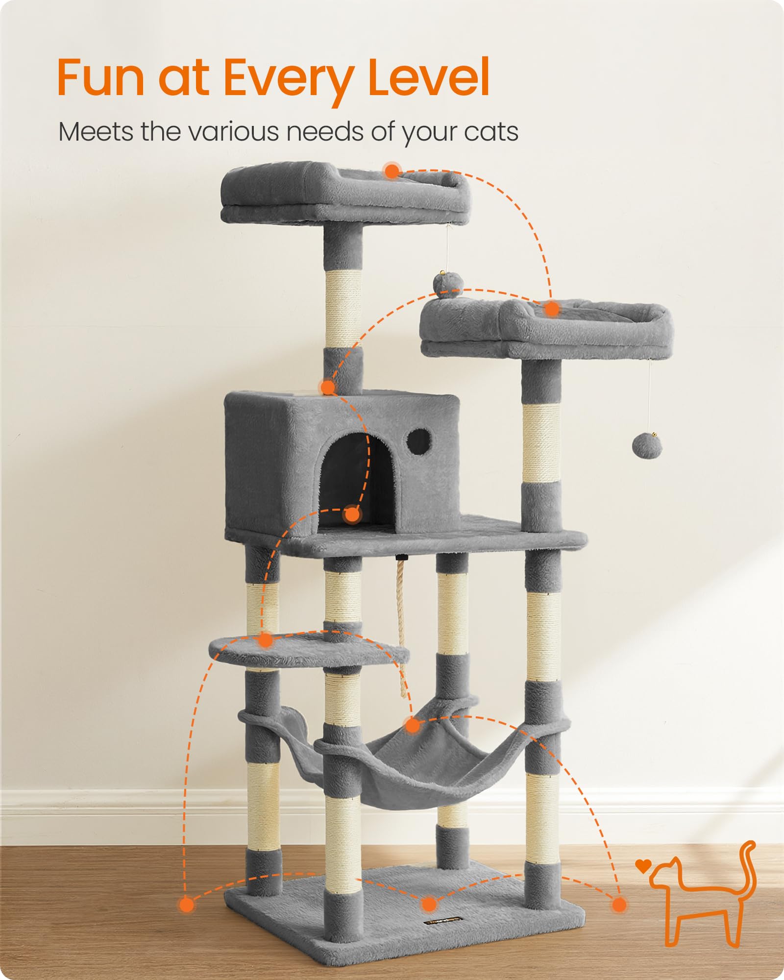 Feandrea Cat Tree features 11 scratching posts for satisfying scratching activity.