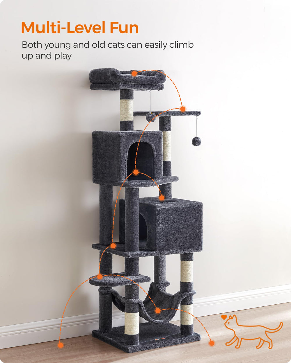 Feandrea cat tree scratching posts encourage healthy scratching and tail flicks.