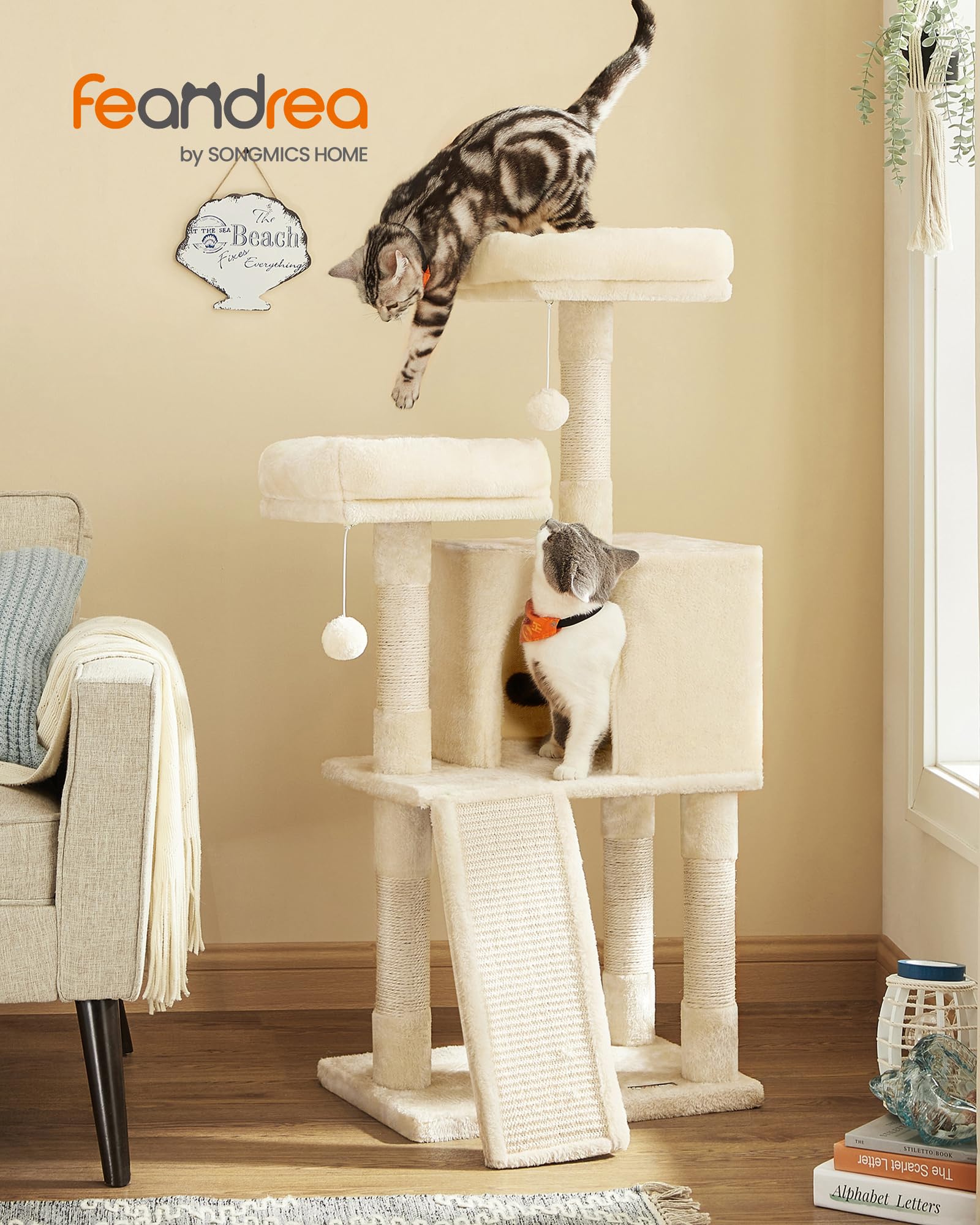 Feandrea cat tree scratching ramp doubles as climb aid for active felines.