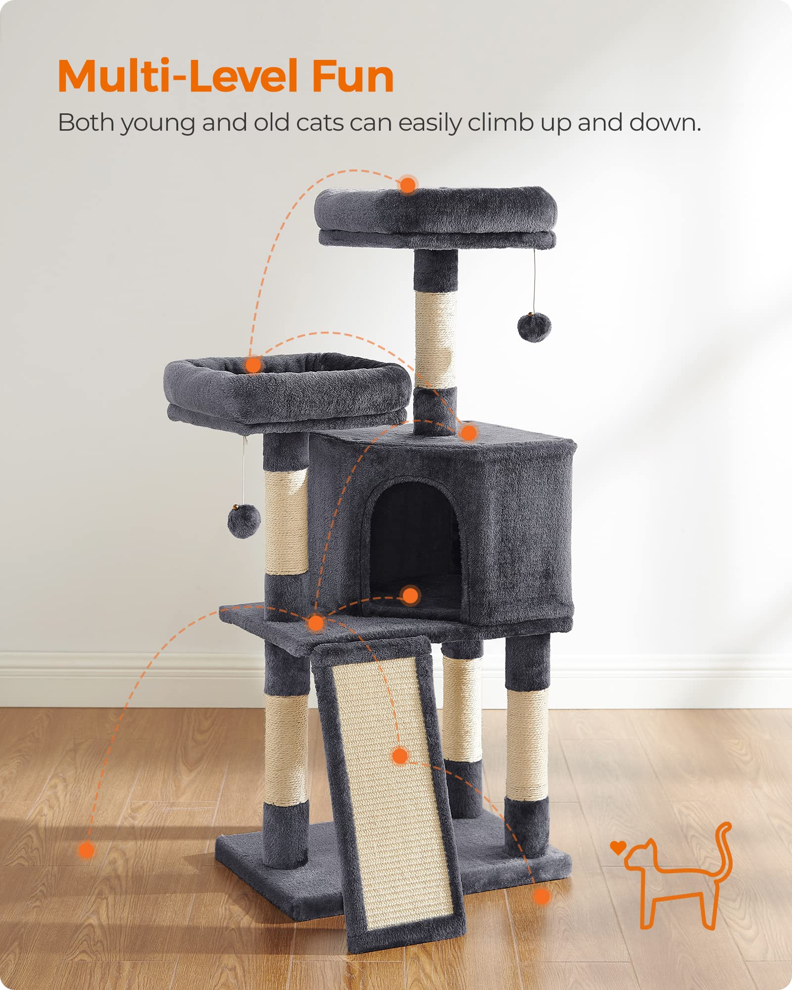 Feandrea Cat Tree Scratching Ramp promotes healthy scratching and easy climbing.
