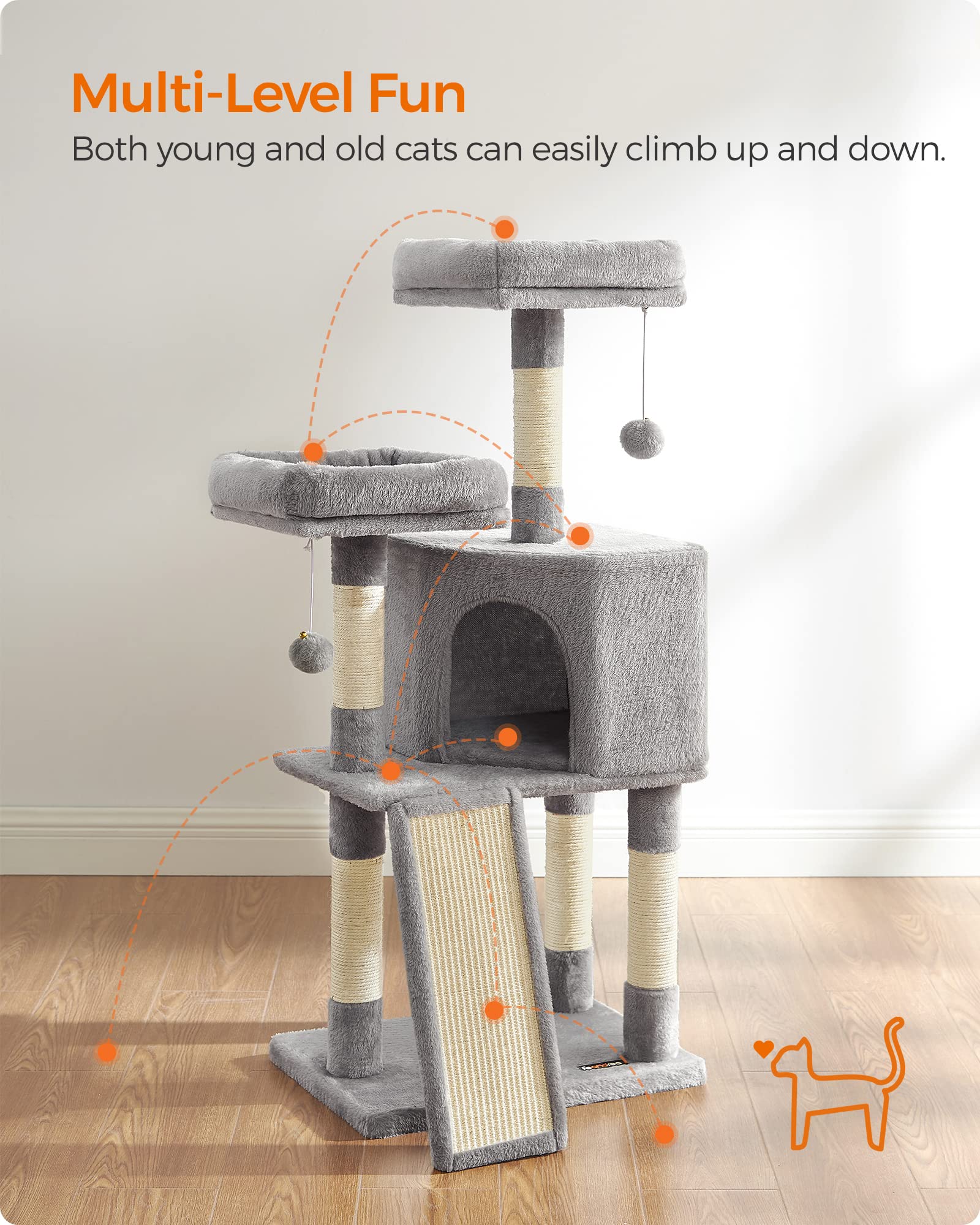 Feandrea Cat Tree scratching ramp for safe stretching and play.