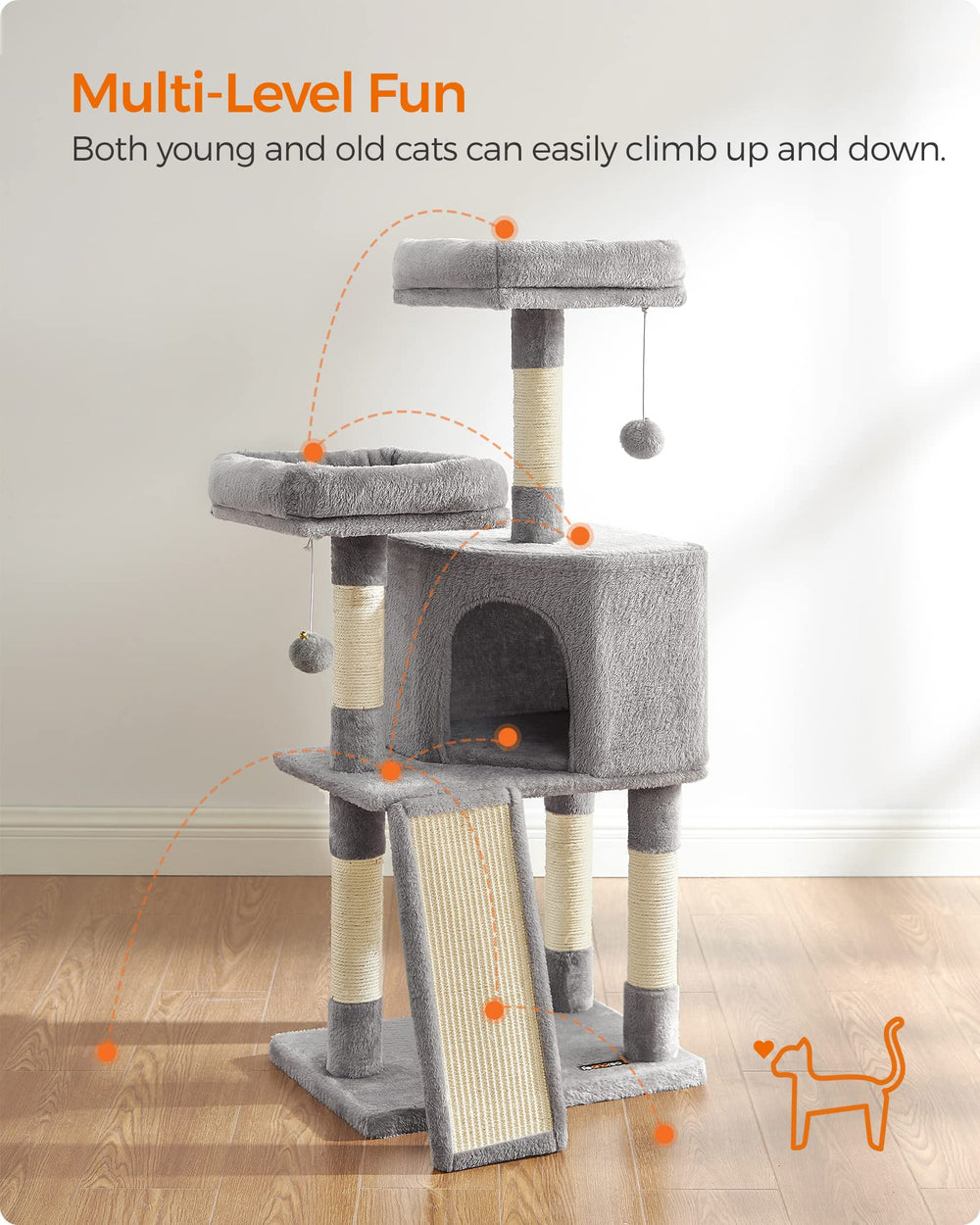 Feandrea Cat Tree scratching ramp for safe stretching and play.