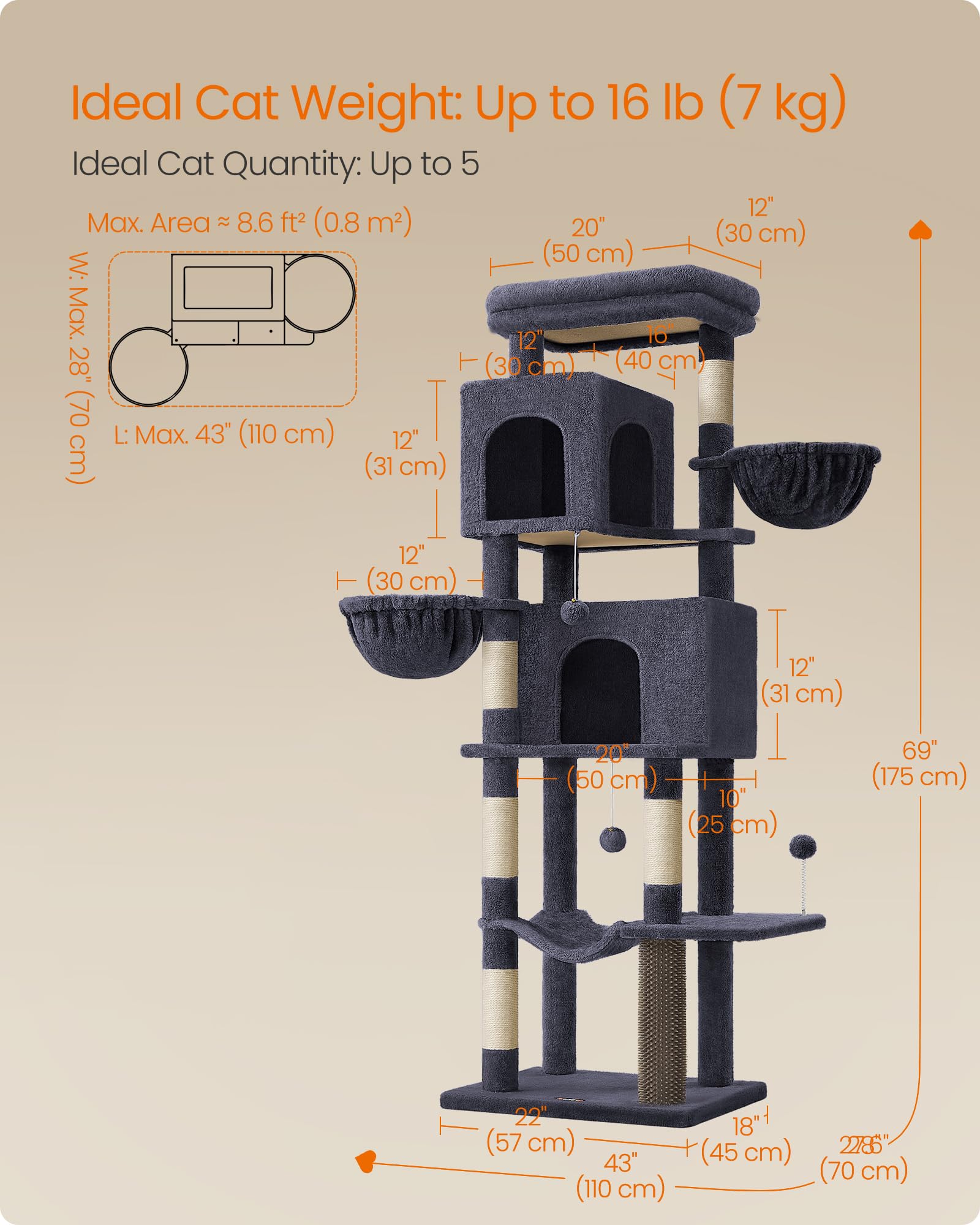 Feandrea cat tree self-groomer at base supports easy grooming sessions.