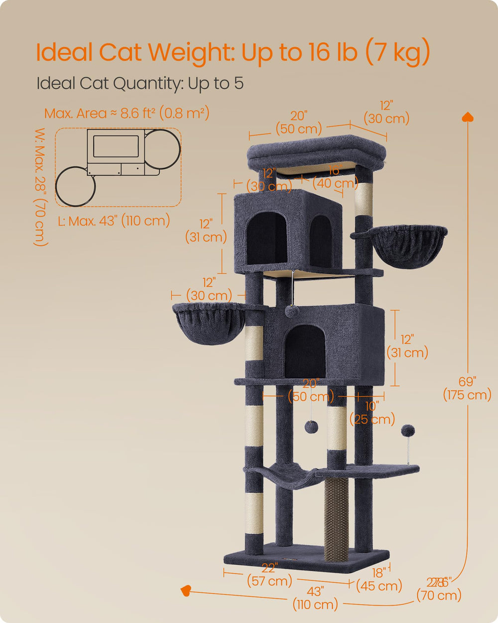 Feandrea cat tree self-groomer at base supports easy grooming sessions.