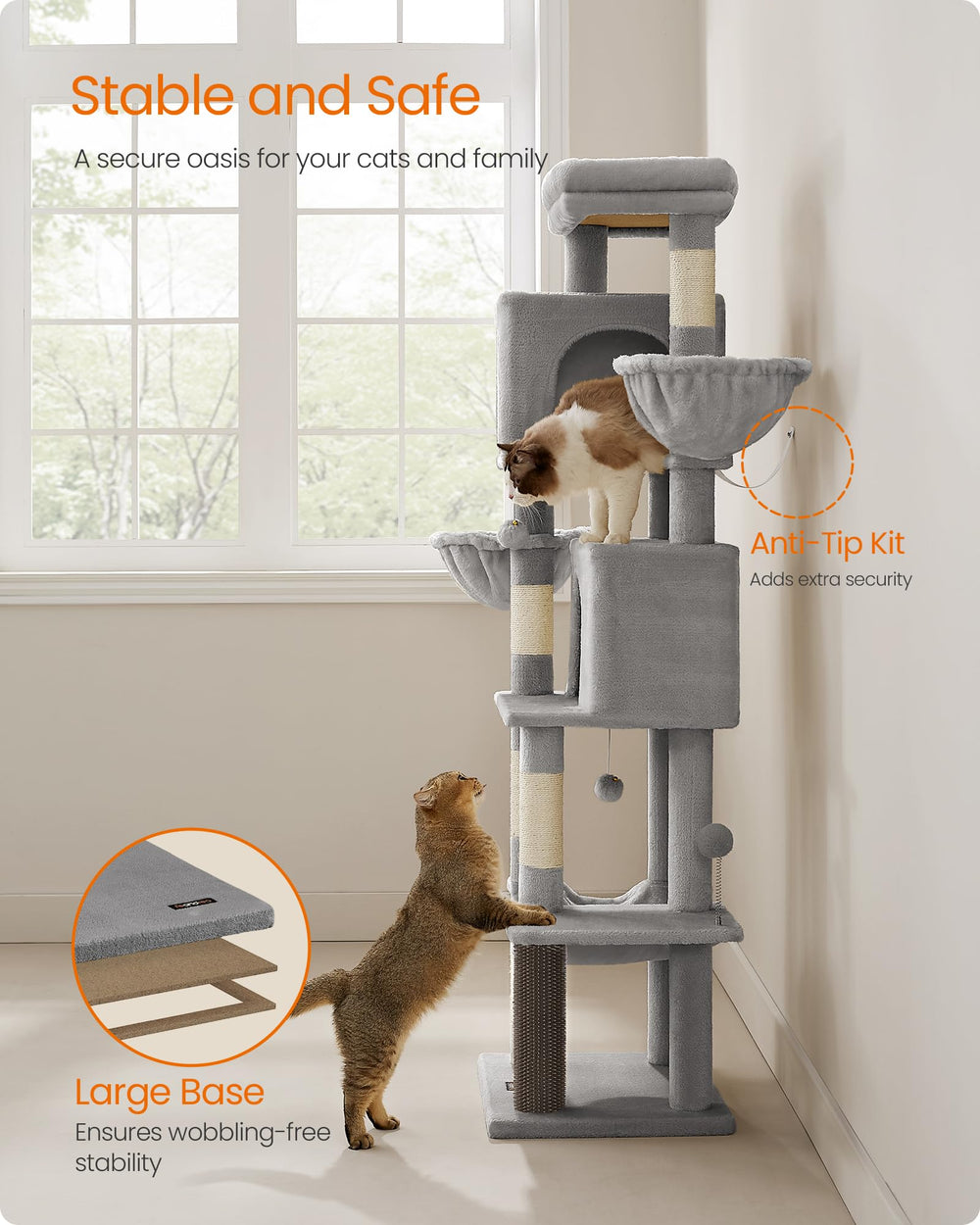 Feandrea cat tree self-groomer base supports quick grooming between play