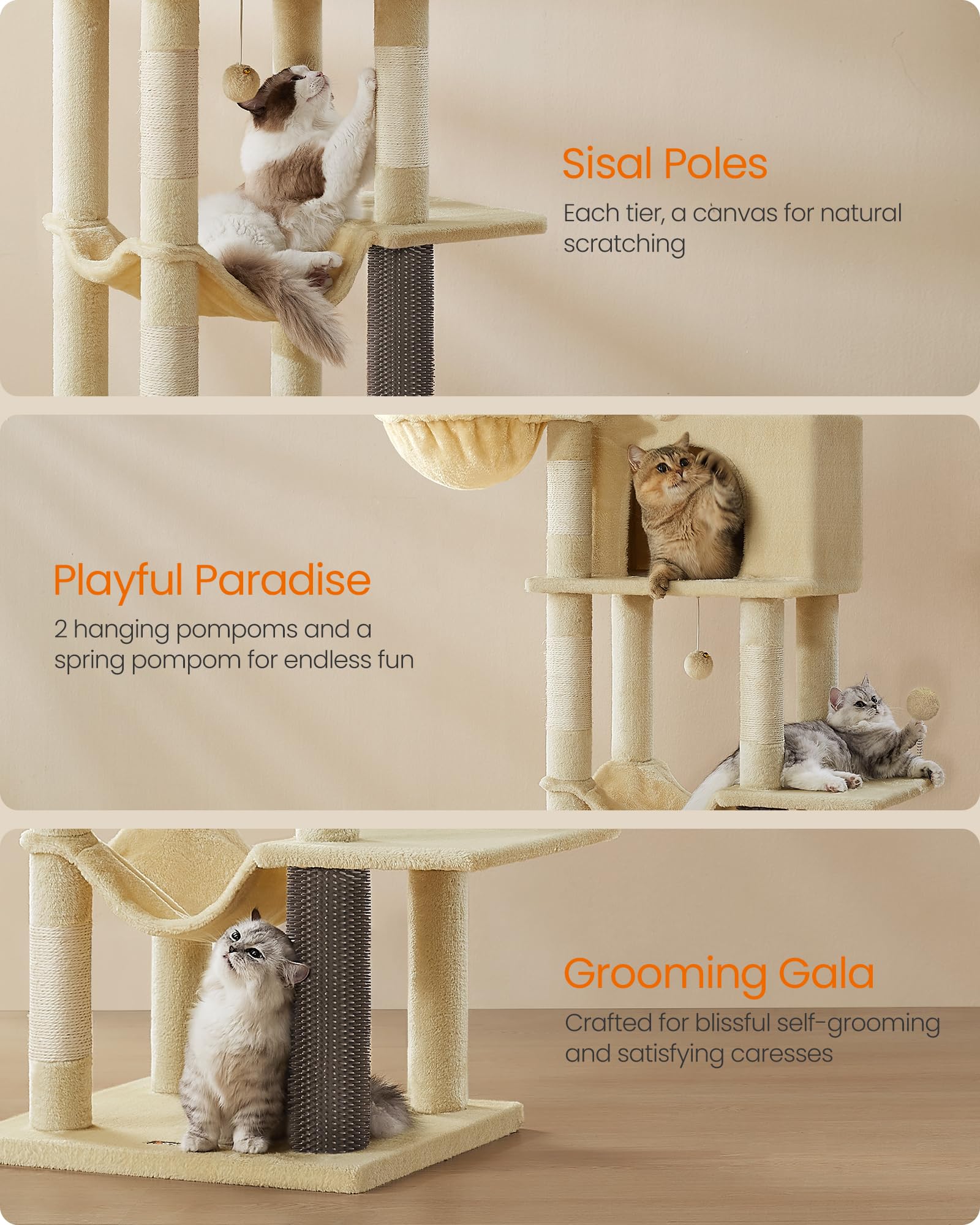 Feandrea cat tree with base self-groomer for grooming sessions