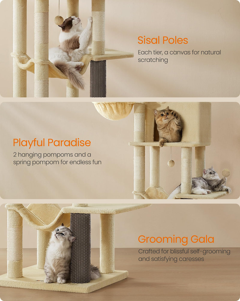 Feandrea cat tree with base self-groomer for grooming sessions