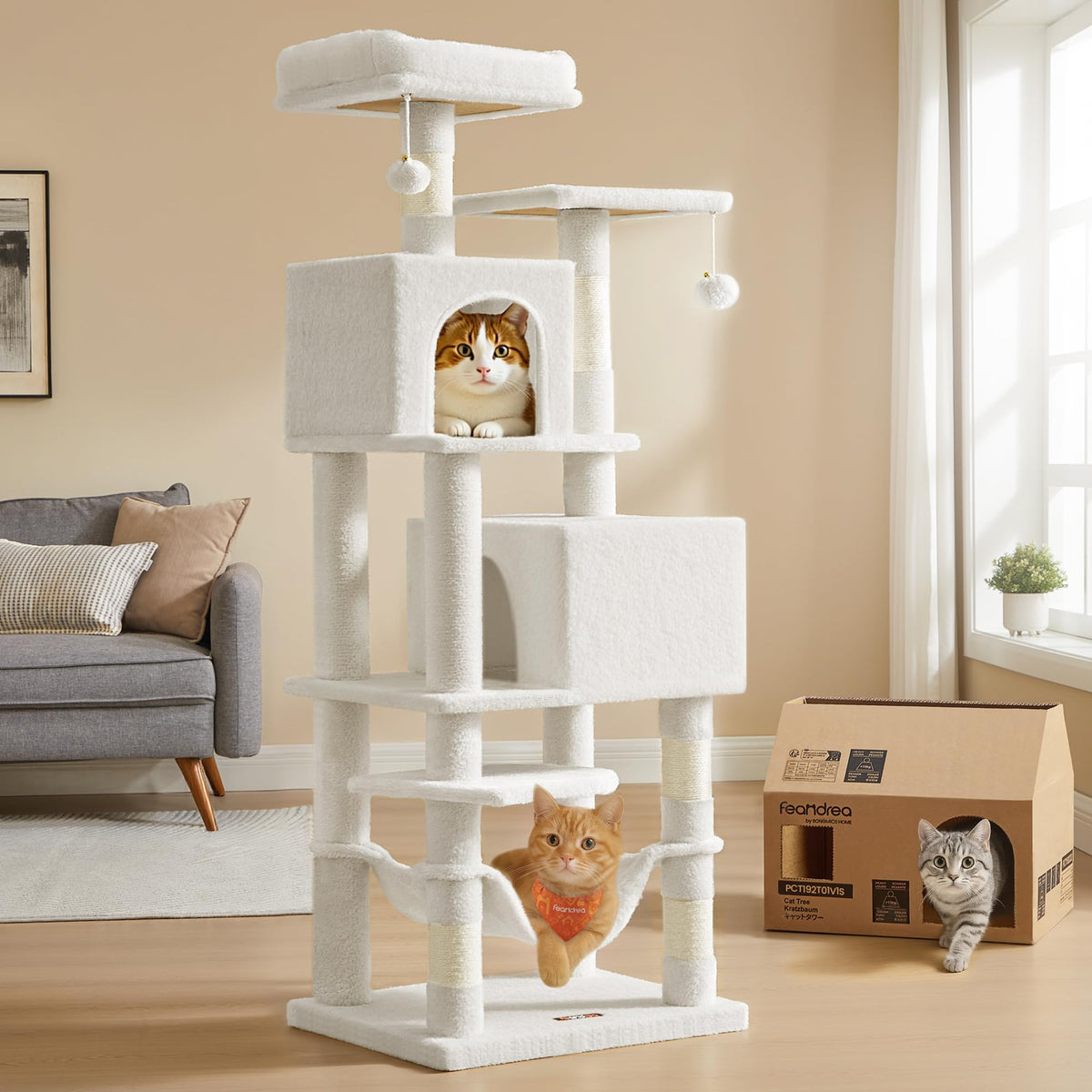Feandrea cat tree setup in living room for multi-cat play and observation.