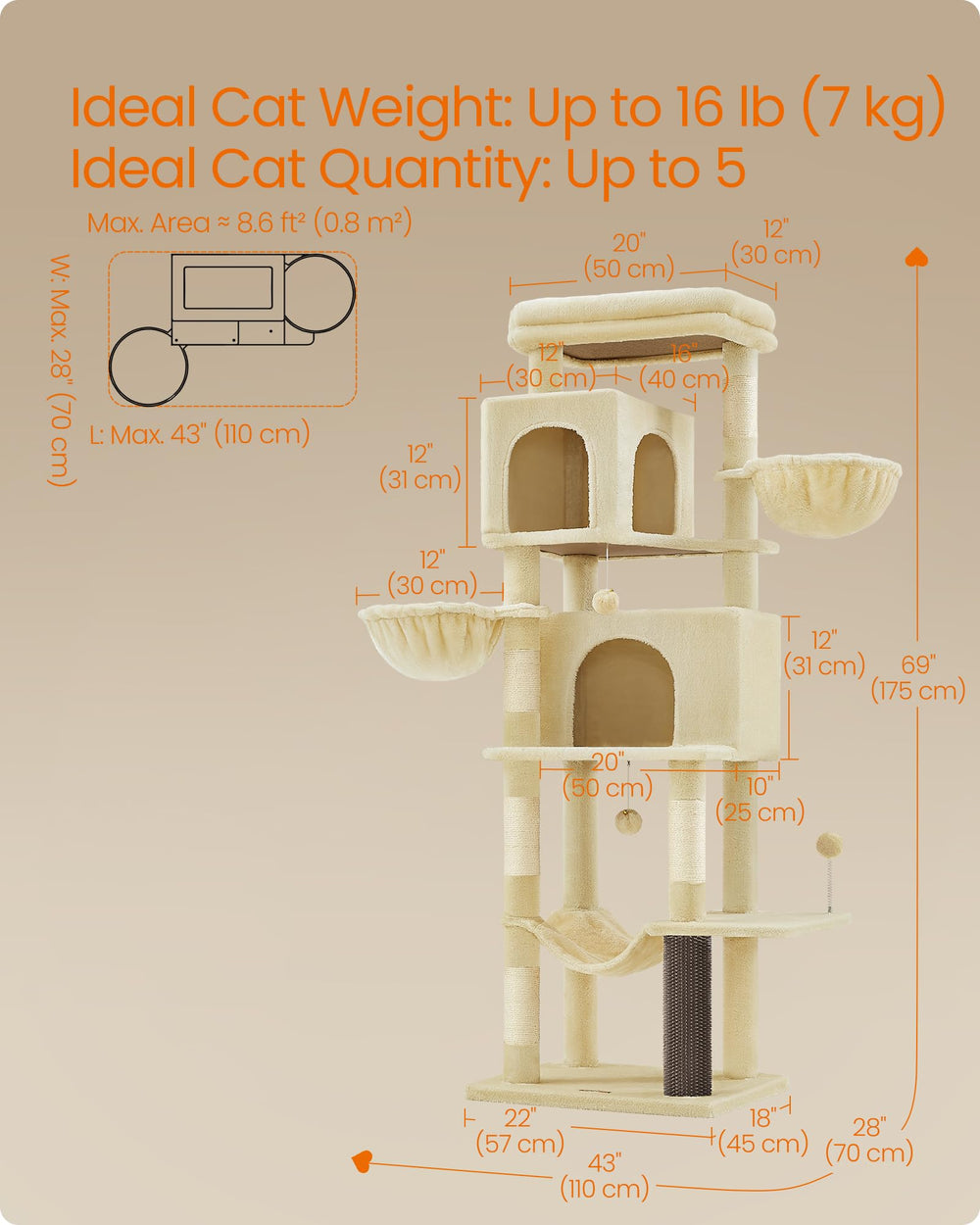 Feandrea cat tree with five sisal posts for scratching and stretching