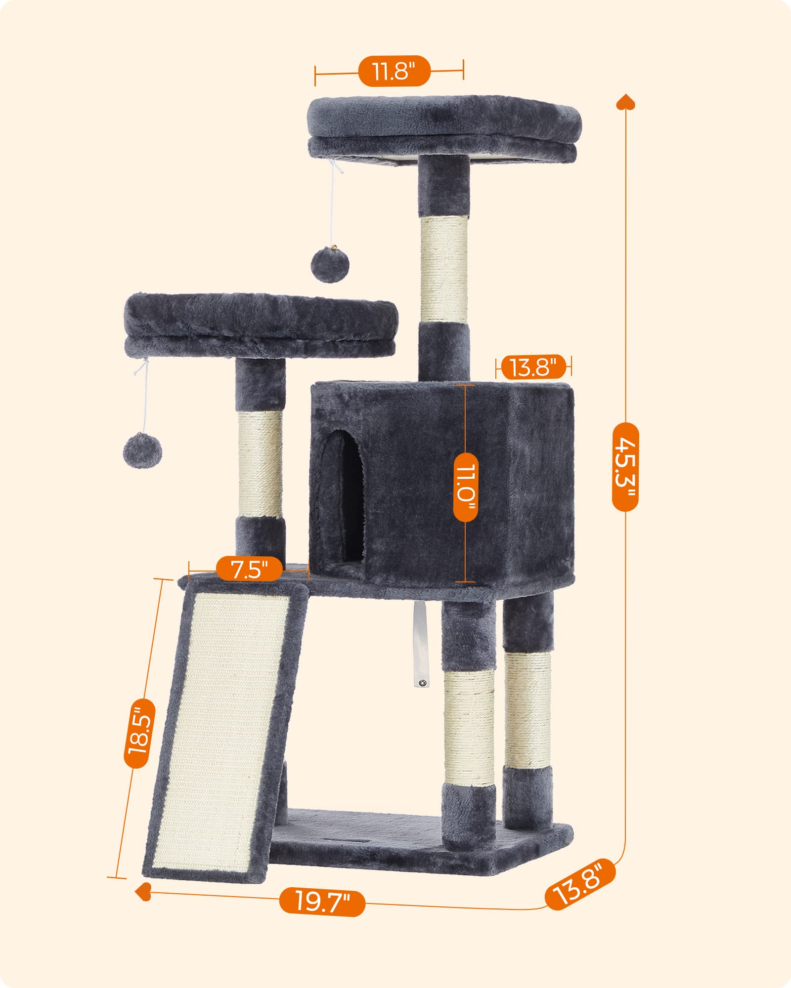 Feandrea Cat Tree Smoky Gray Fabric adds sleek, space-saving style.
