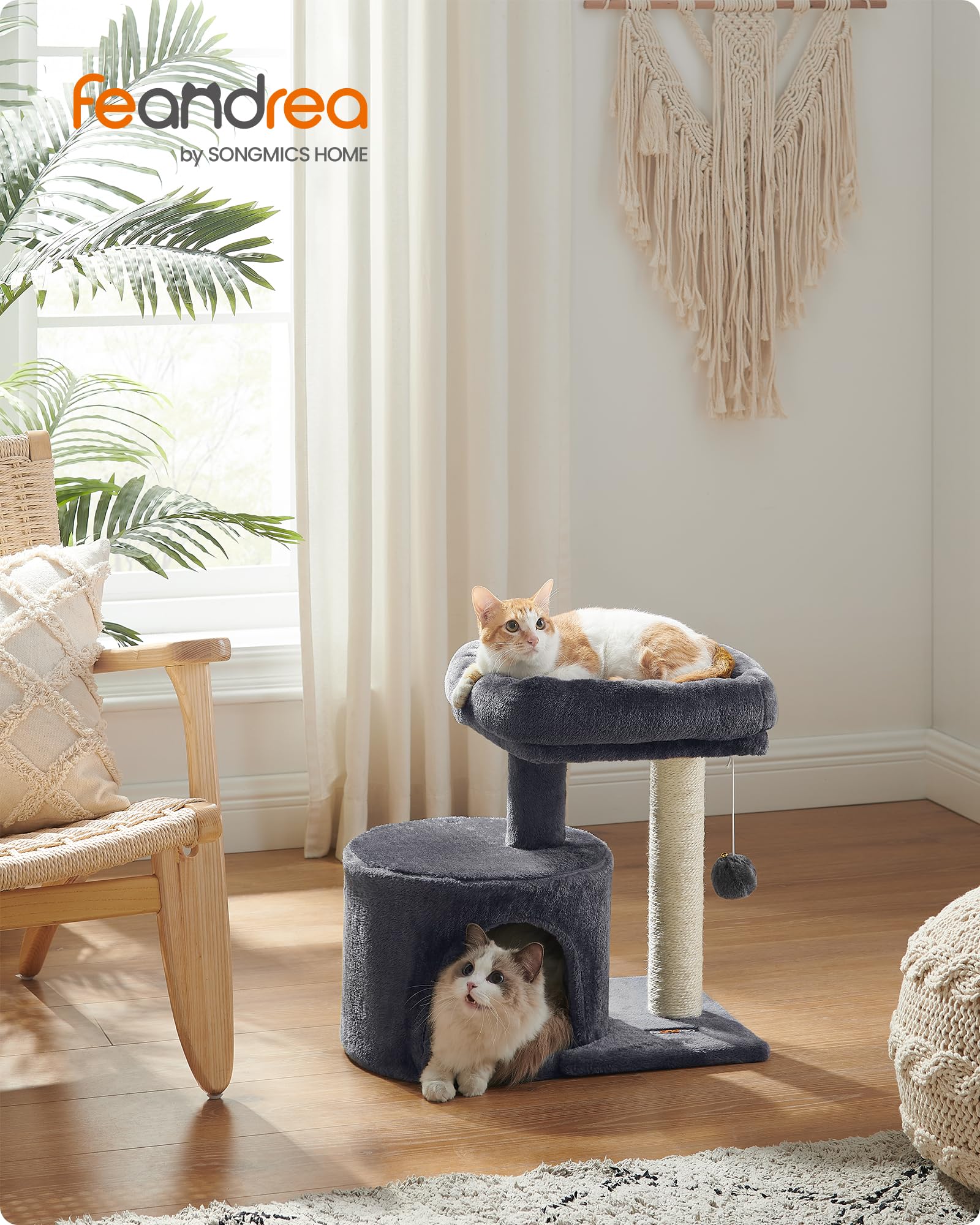 Feandrea cat tree soft plush perch, offering a cozy resting spot after playtime