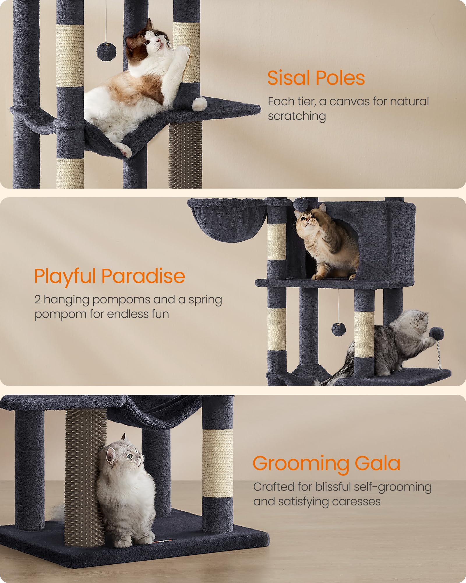 Feandrea cat tree soft plush wrap fosters a warm, comfy resting area.