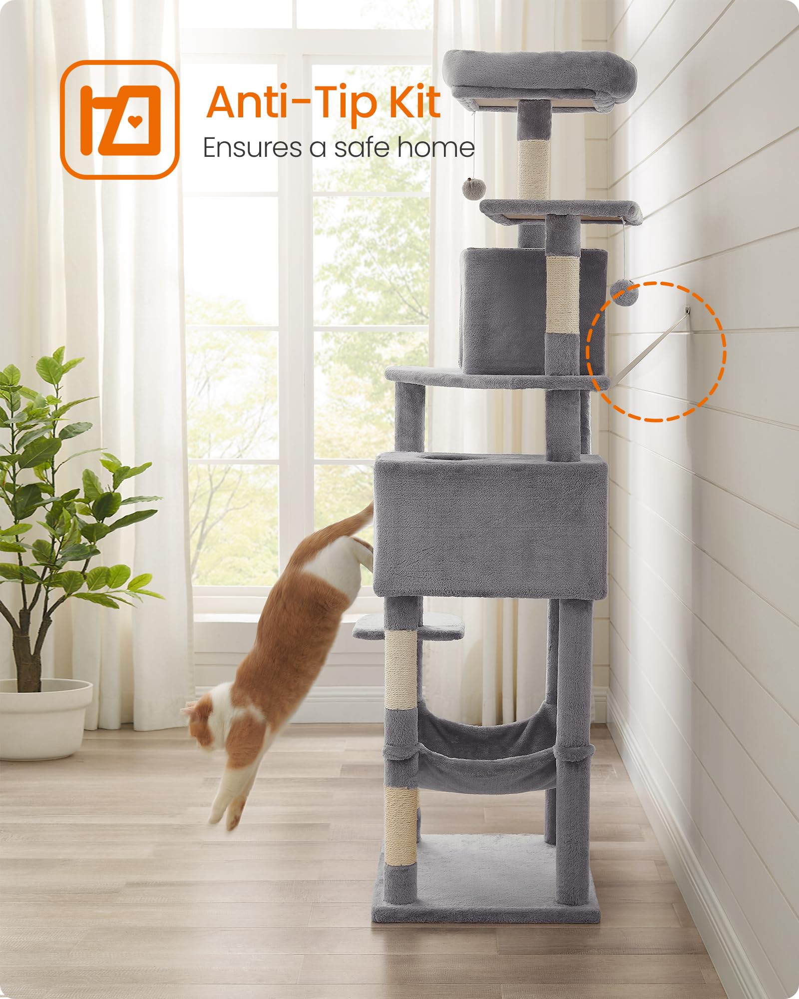 Feandrea Cat Tree sturdy construction supports up to five cats safely.