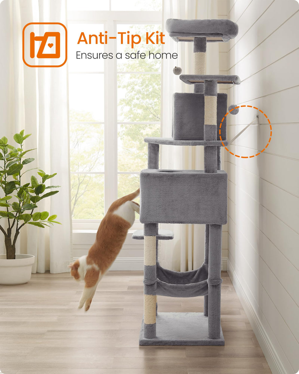 Feandrea Cat Tree sturdy construction supports up to five cats safely.