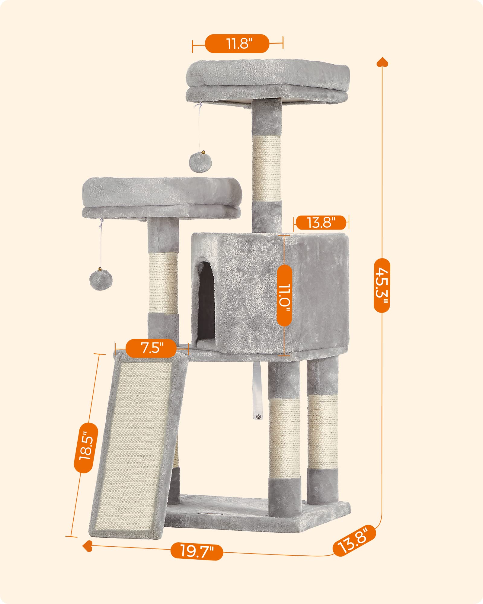 Feandrea Cat Tree sturdy base supports multiple cats.