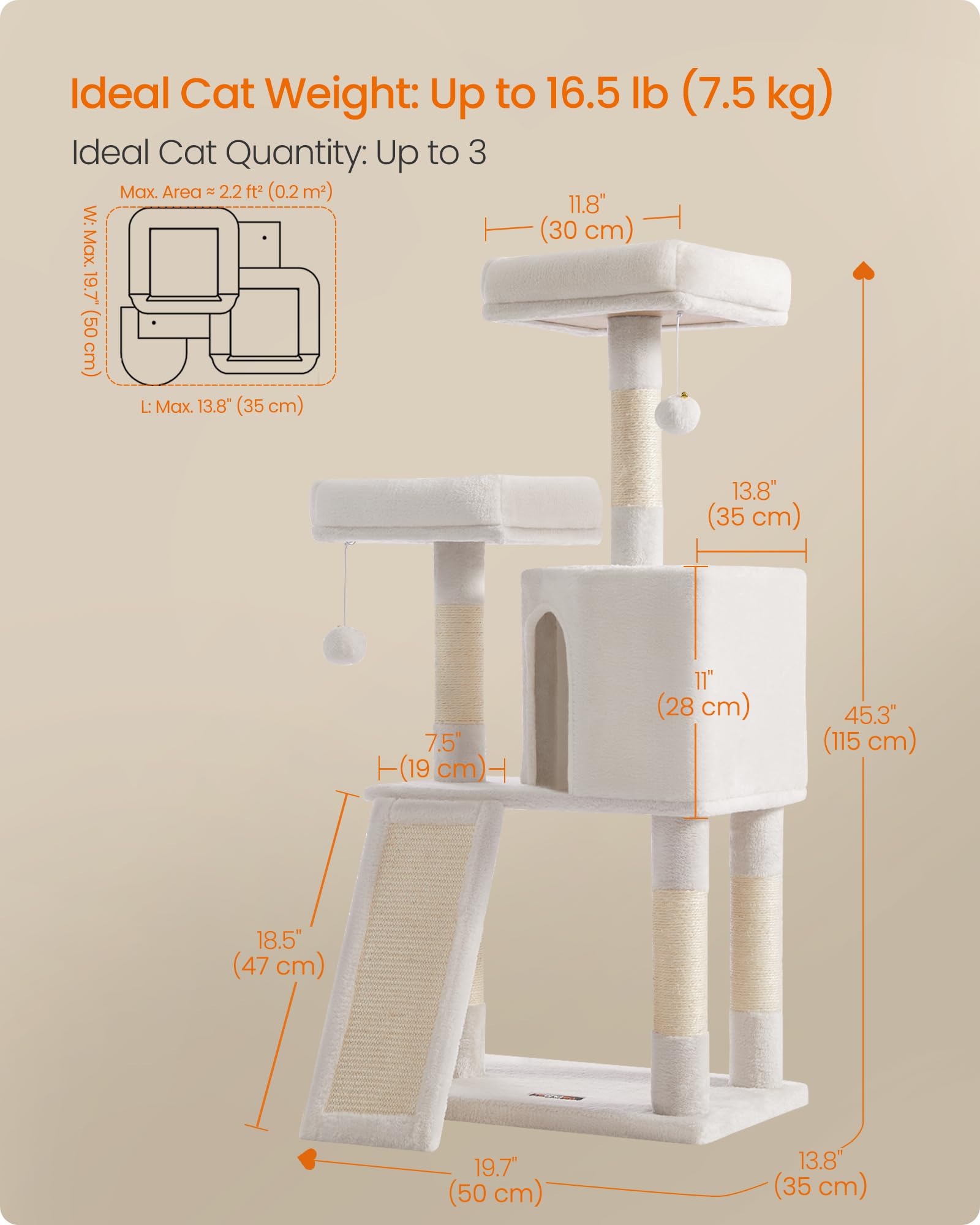 Feandrea Cat Tree sturdy particleboard frame supports multiple cats.