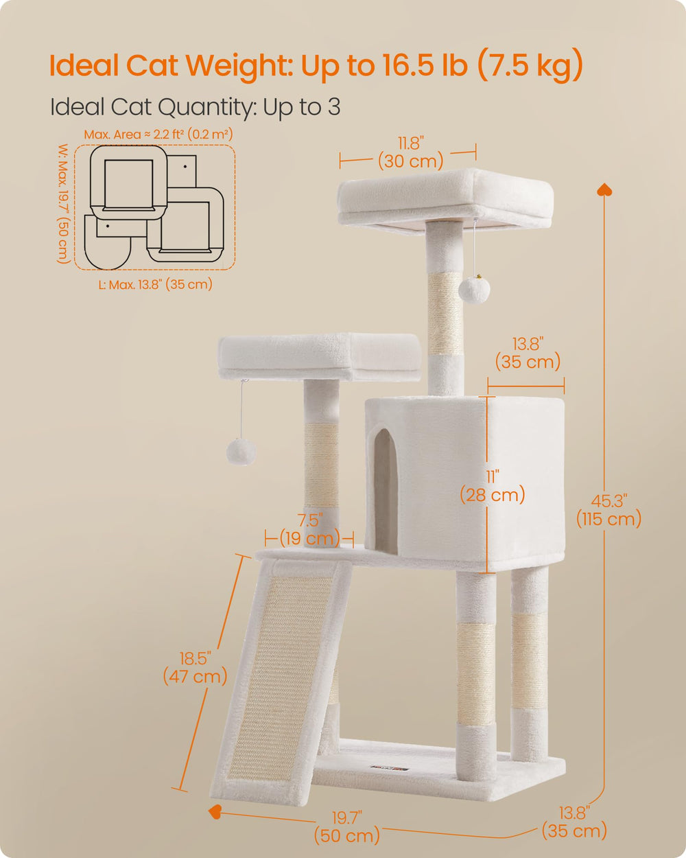 Feandrea Cat Tree sturdy particleboard frame supports multiple cats.