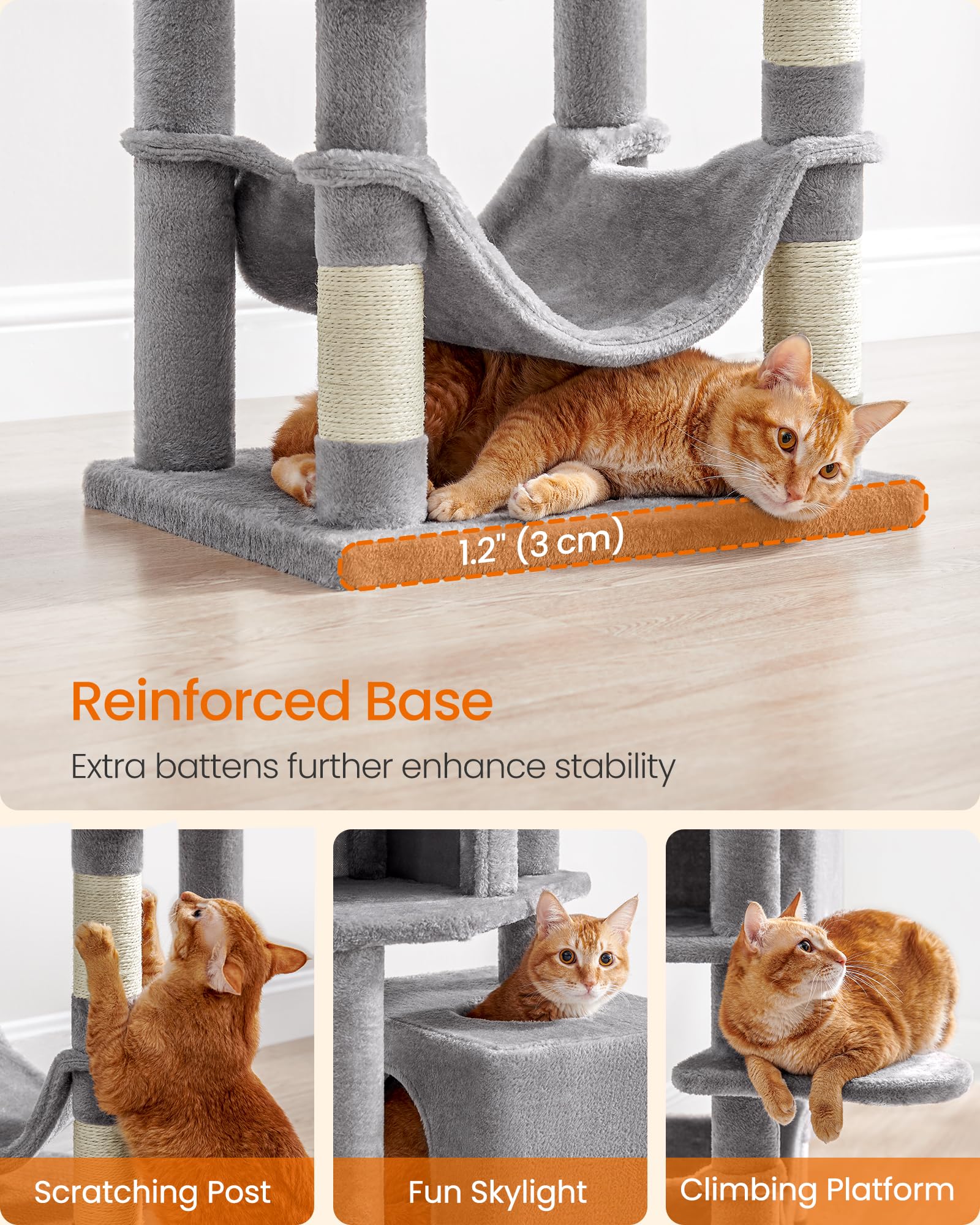 Feandrea cat tree sturdy structure for up to five cats to share space.