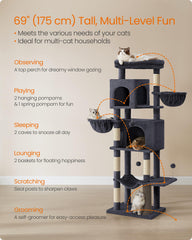 Feandrea cat tree two hanging baskets create playful resting spots.