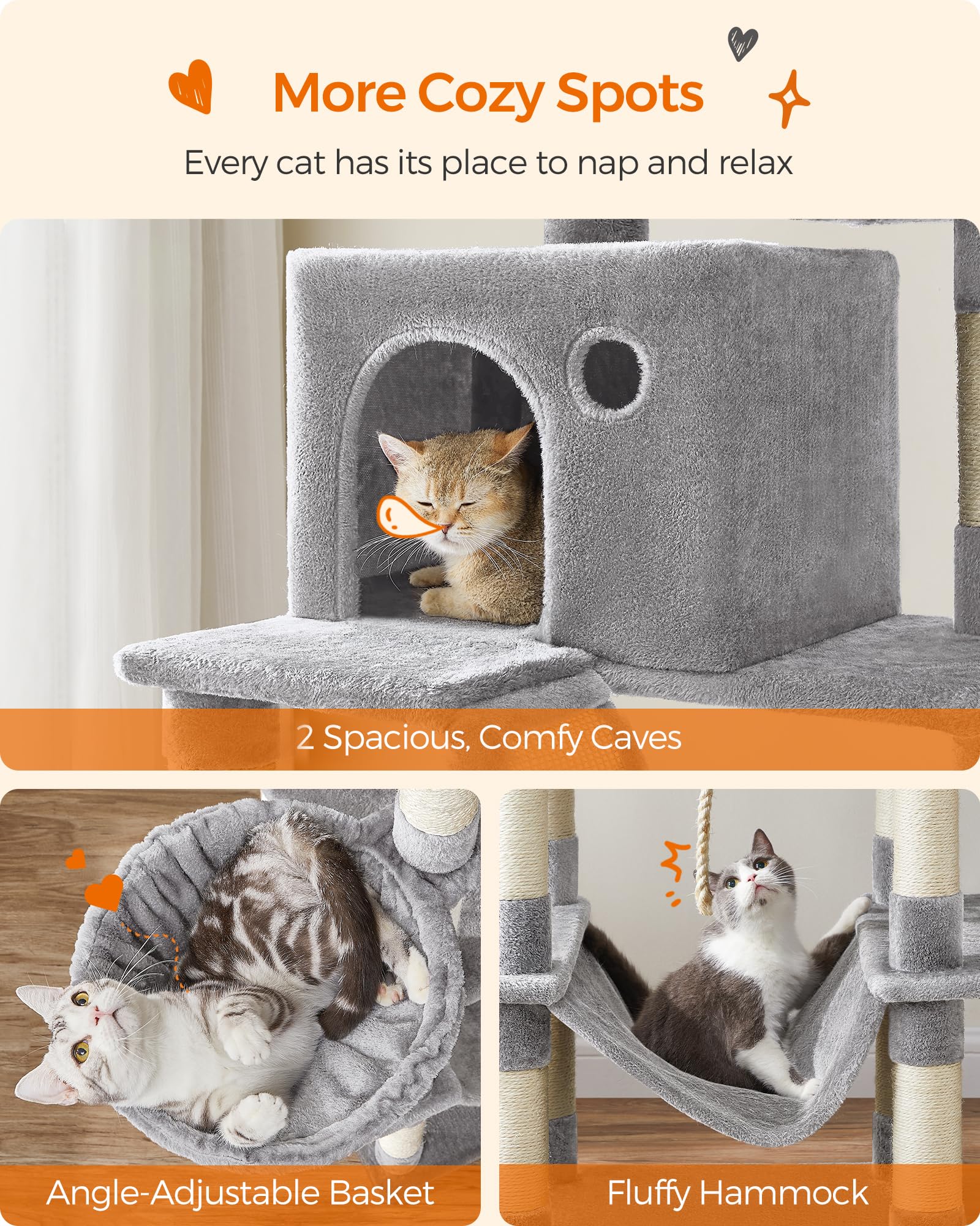 Feandrea cat tree includes two caves for hiding and naps.