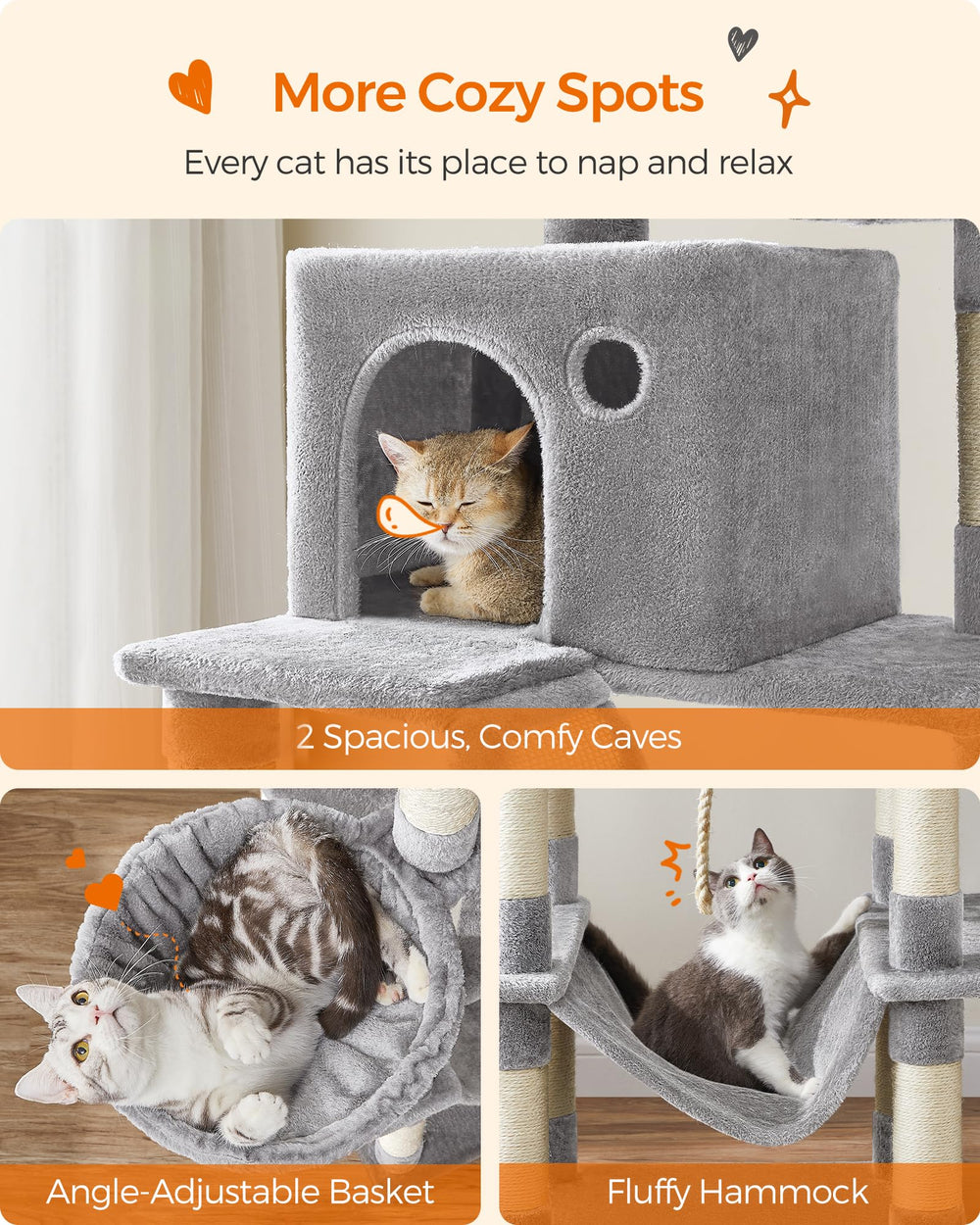 Feandrea cat tree includes two caves for hiding and naps.