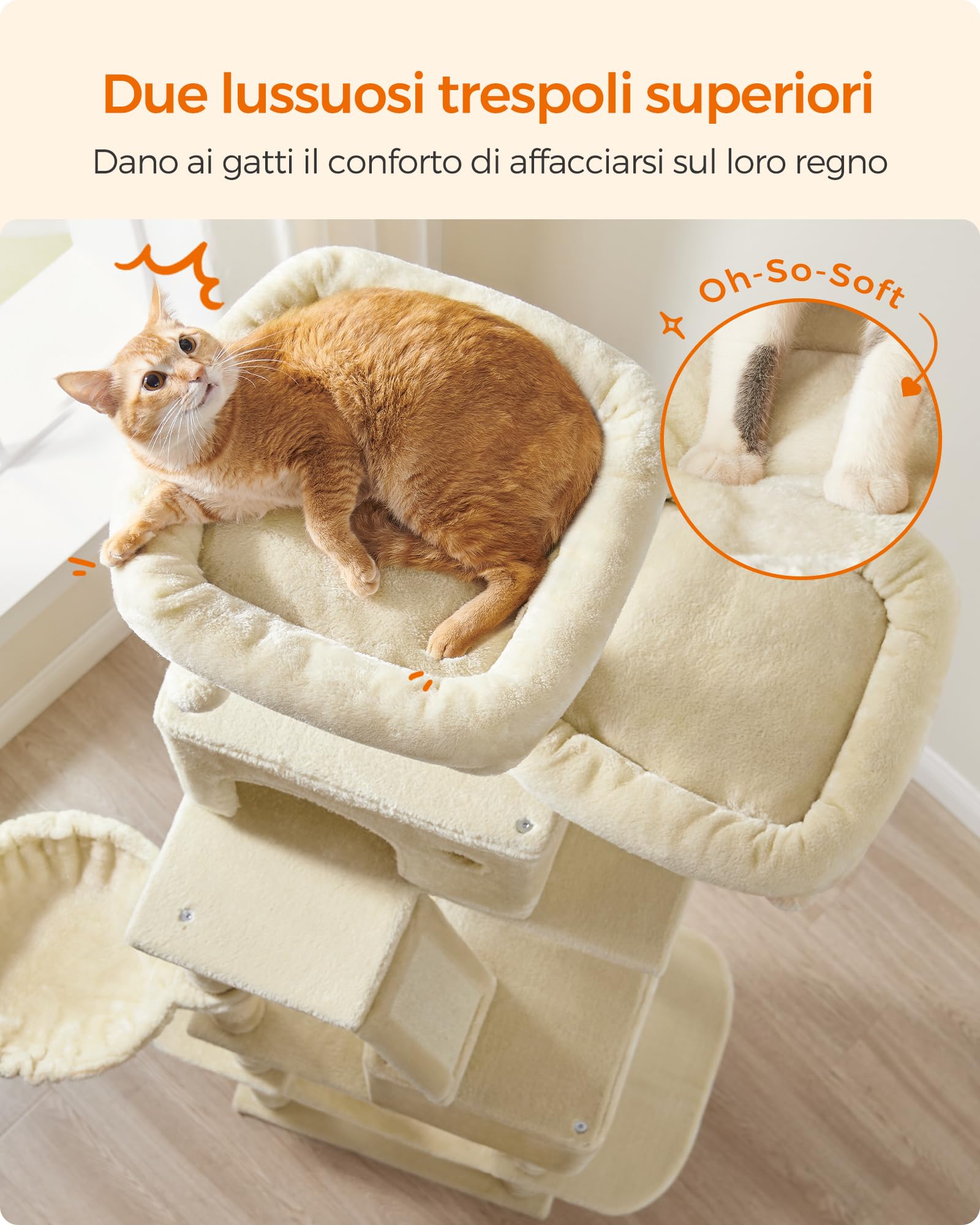 Feandrea Cat Tree with two caves offering cozy hideaways.