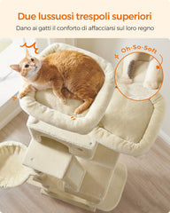 Feandrea Cat Tree with two caves offering cozy hideaways.