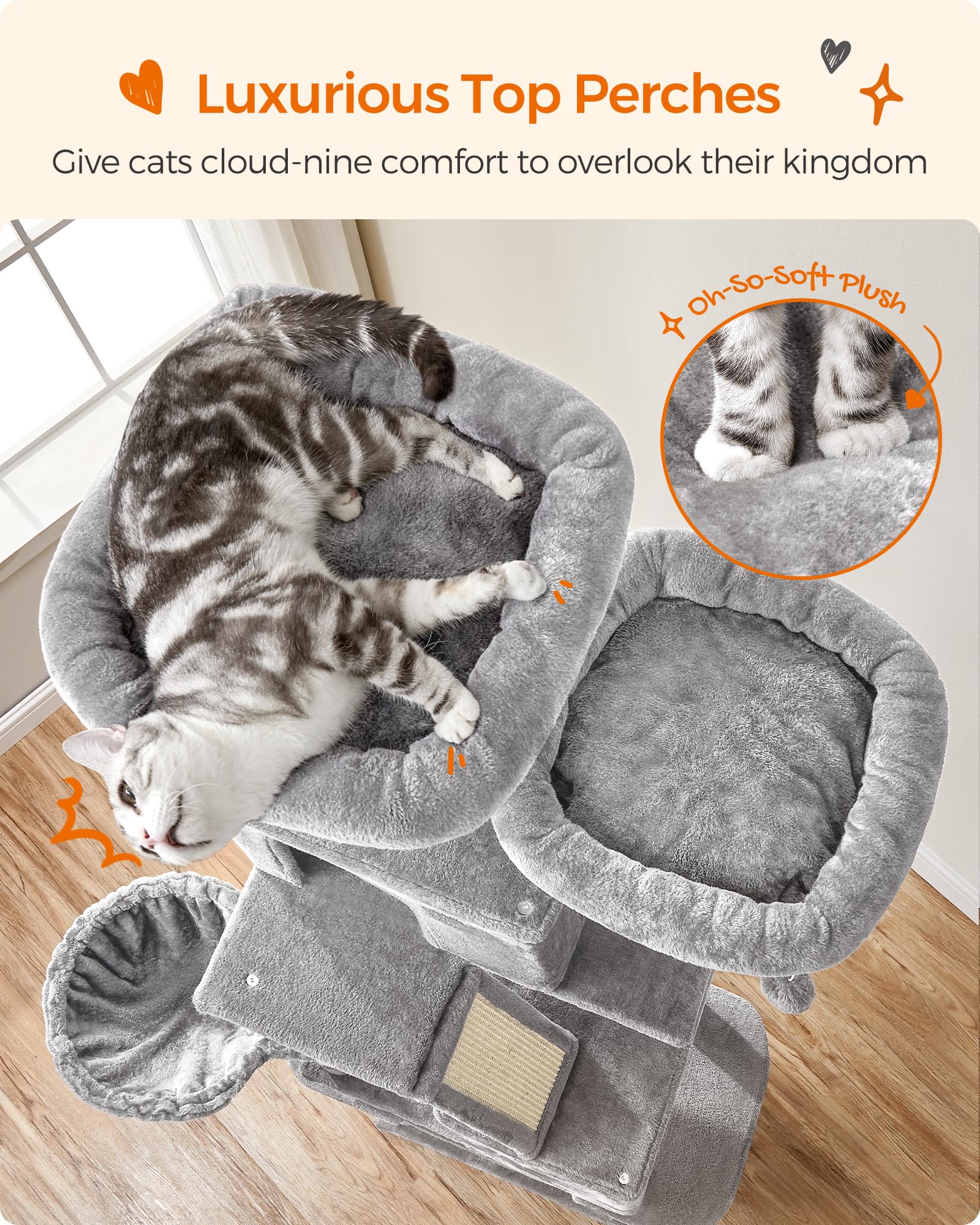 Feandrea cat tree offers two padded perches for cozy lounging.