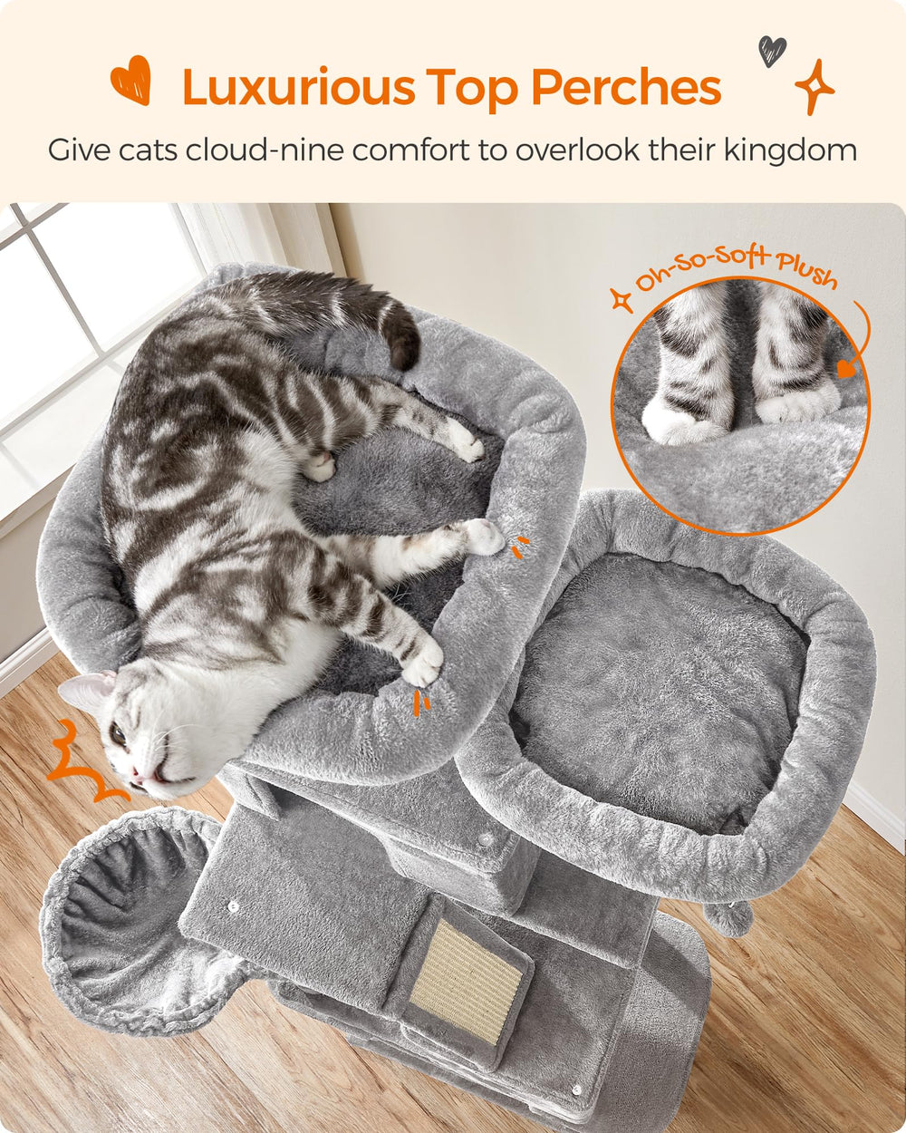 Feandrea cat tree offers two padded perches for cozy lounging.