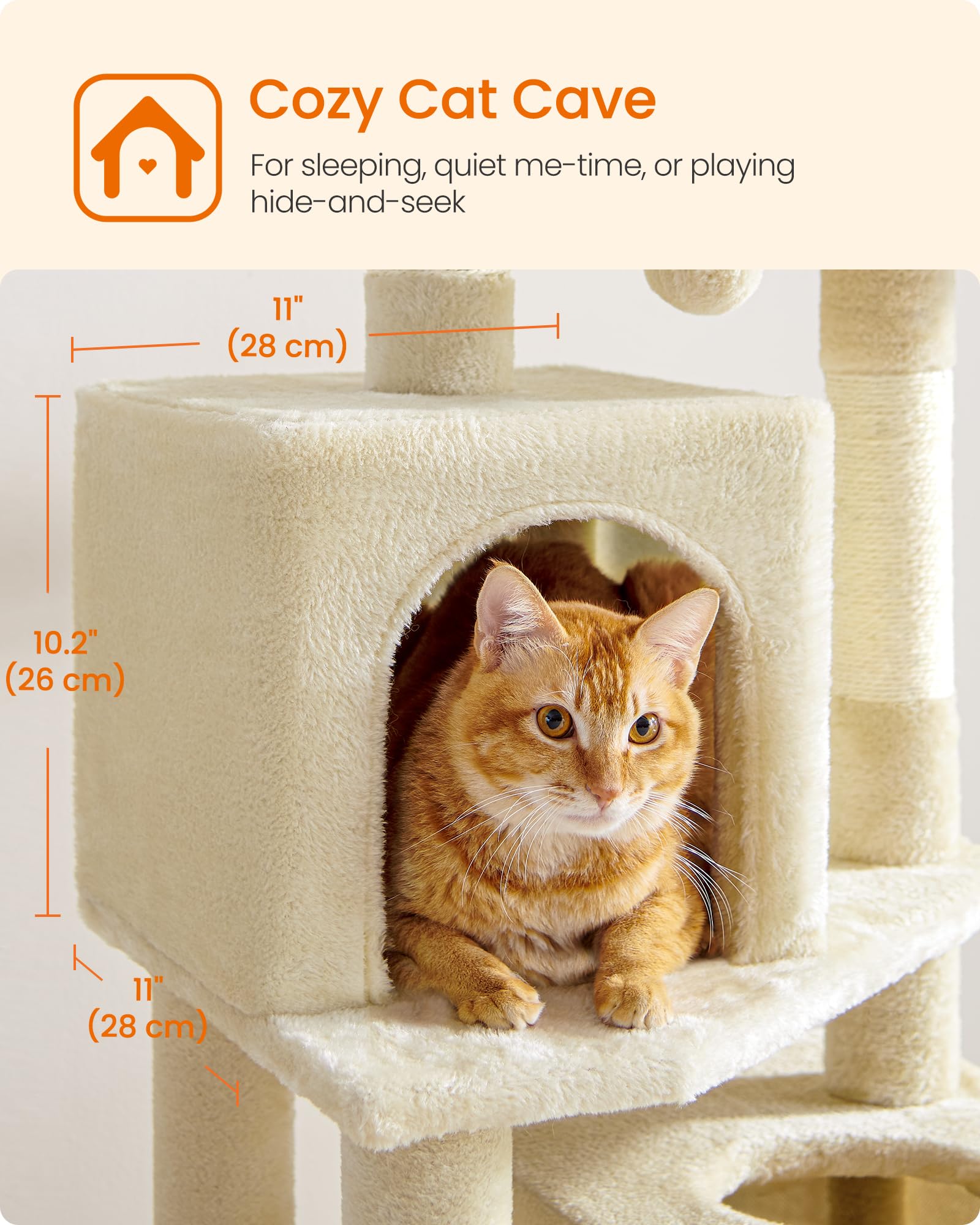 Feandrea cat tree two pompoms invites batting and swatting fun.