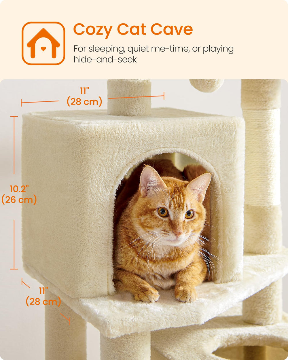 Feandrea cat tree two pompoms invites batting and swatting fun.