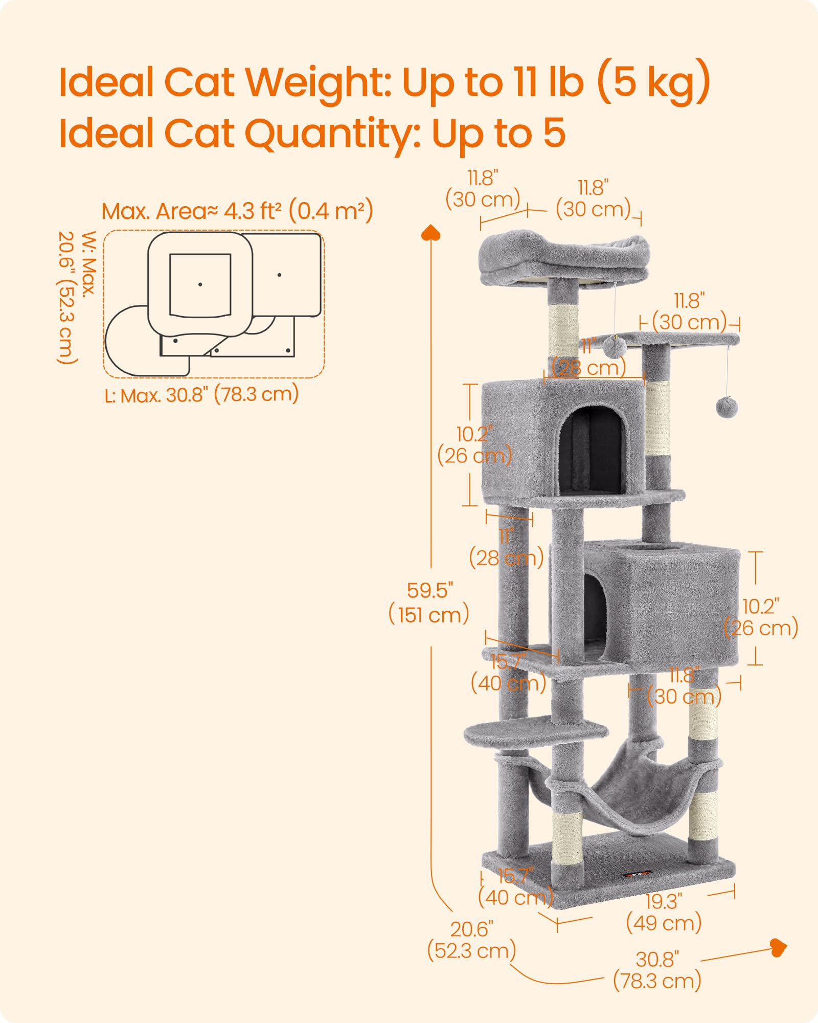 Feandrea cat tree features two pompoms with bells to stimulate hunting and swatting.