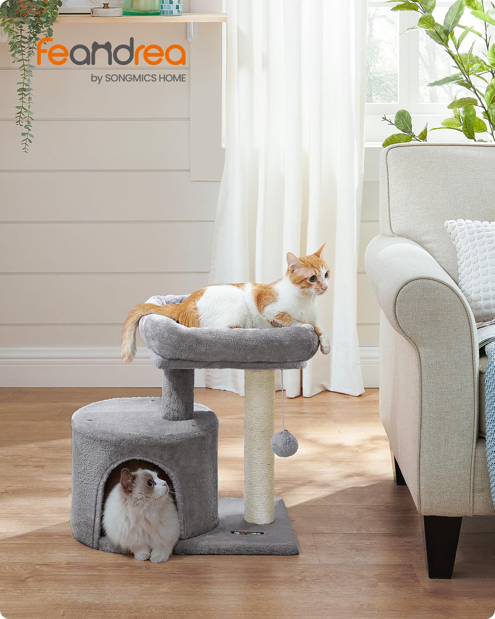 Feandrea cat tree with sisal post satisfies scratching and climbing needs.