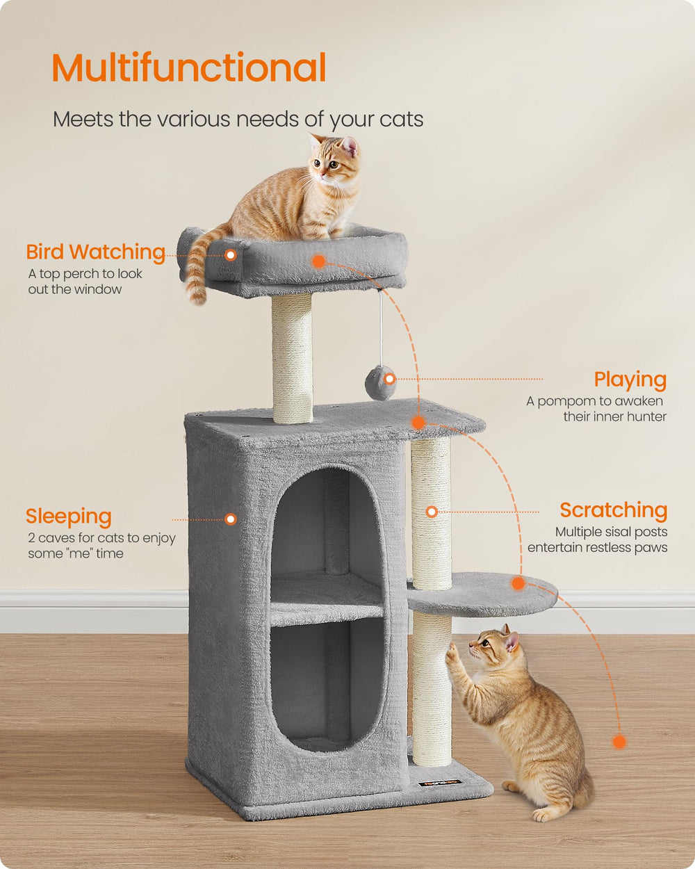 Feandrea Cat Tree Upper Cave perch for window watching and sunlit naps.