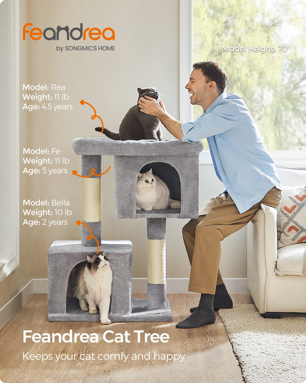 Feandrea cat tree upper caves offer view and cozy retreat.