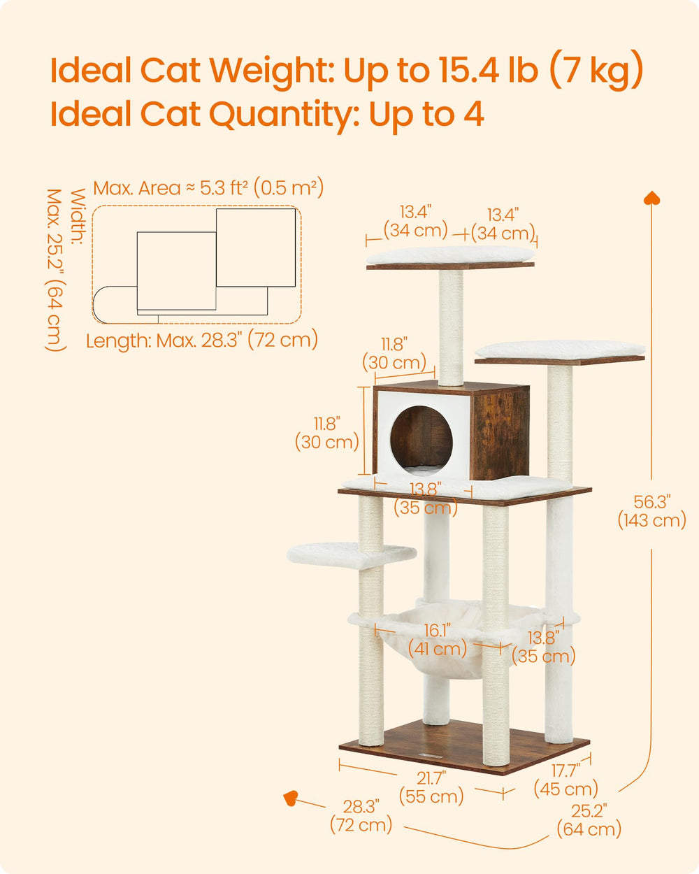 Feandrea cat tree veneered material emphasizes durability and easy cleaning.