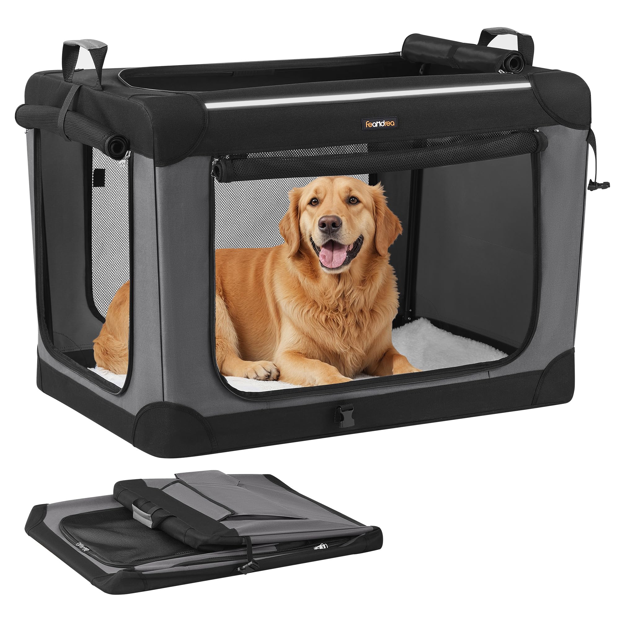Feandrea Collapsible Dog Crate shows tool-free assembly for travel setup