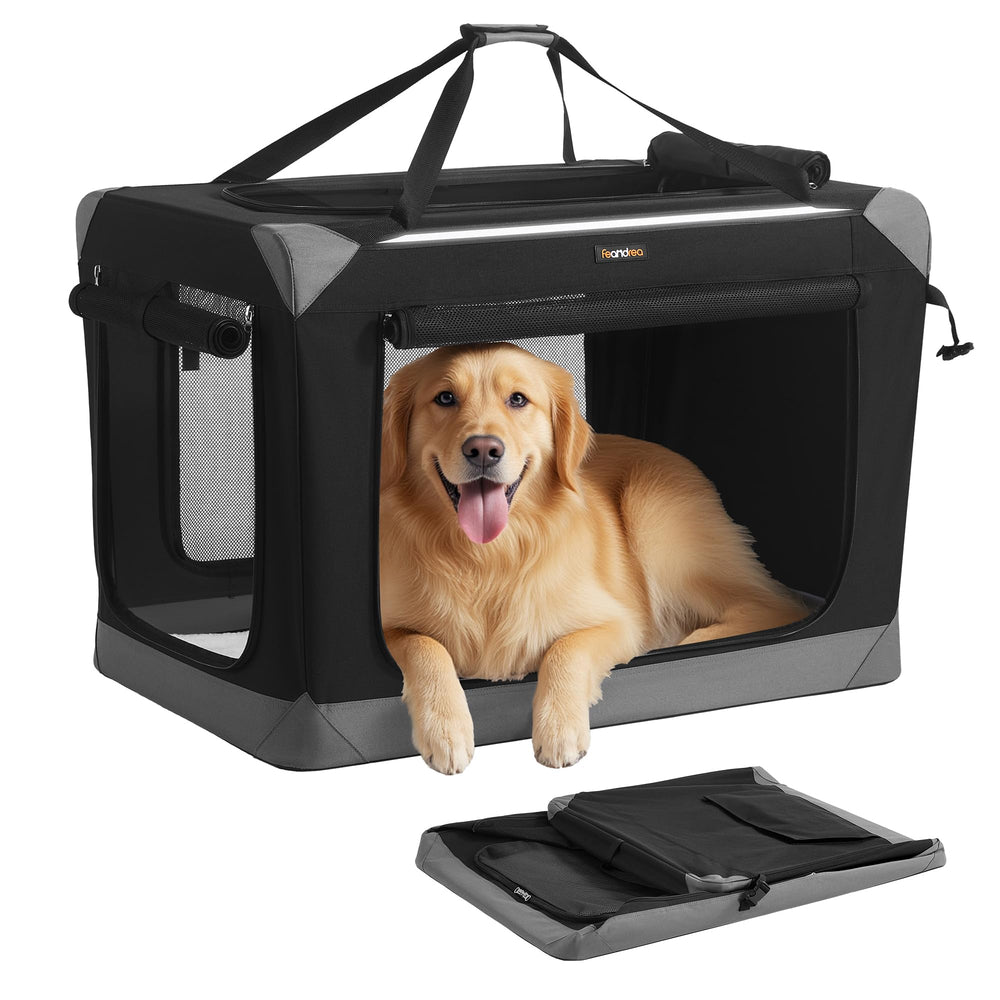 Feandrea collapsible dog crate with open doors showing easy setup and ample airflow