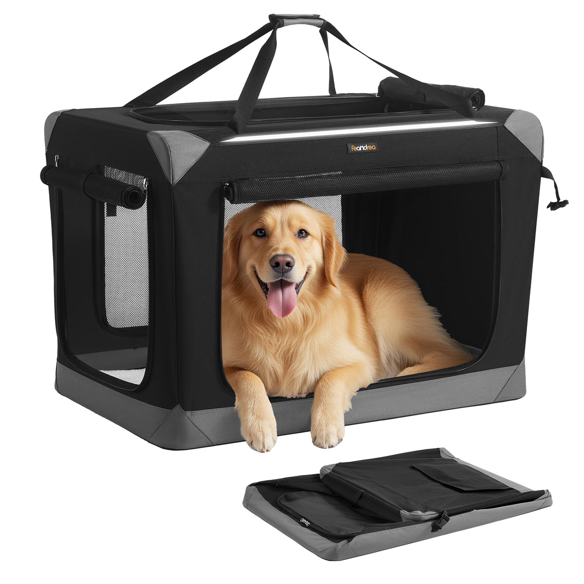 Feandrea collapsible dog crate with open doors showing easy setup and ample airflow