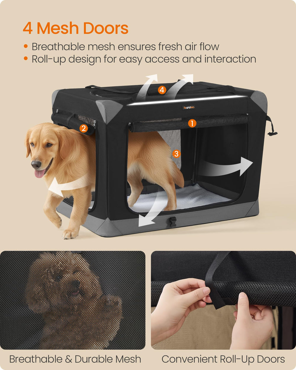 Feandrea collapsible dog crate safety zippers prevent escapes during transport
