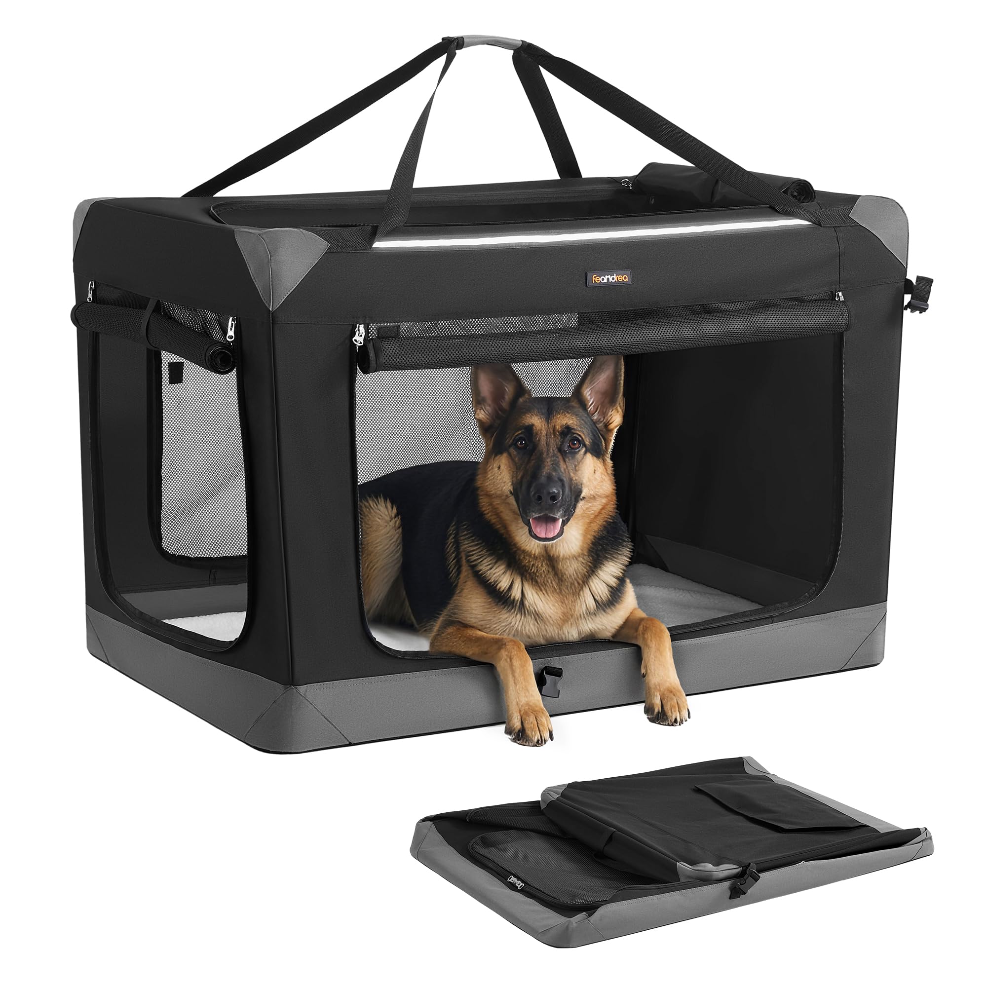 Feandrea Collapsible Dog Crate setup demonstrates quick, tool-free assembly during travel.