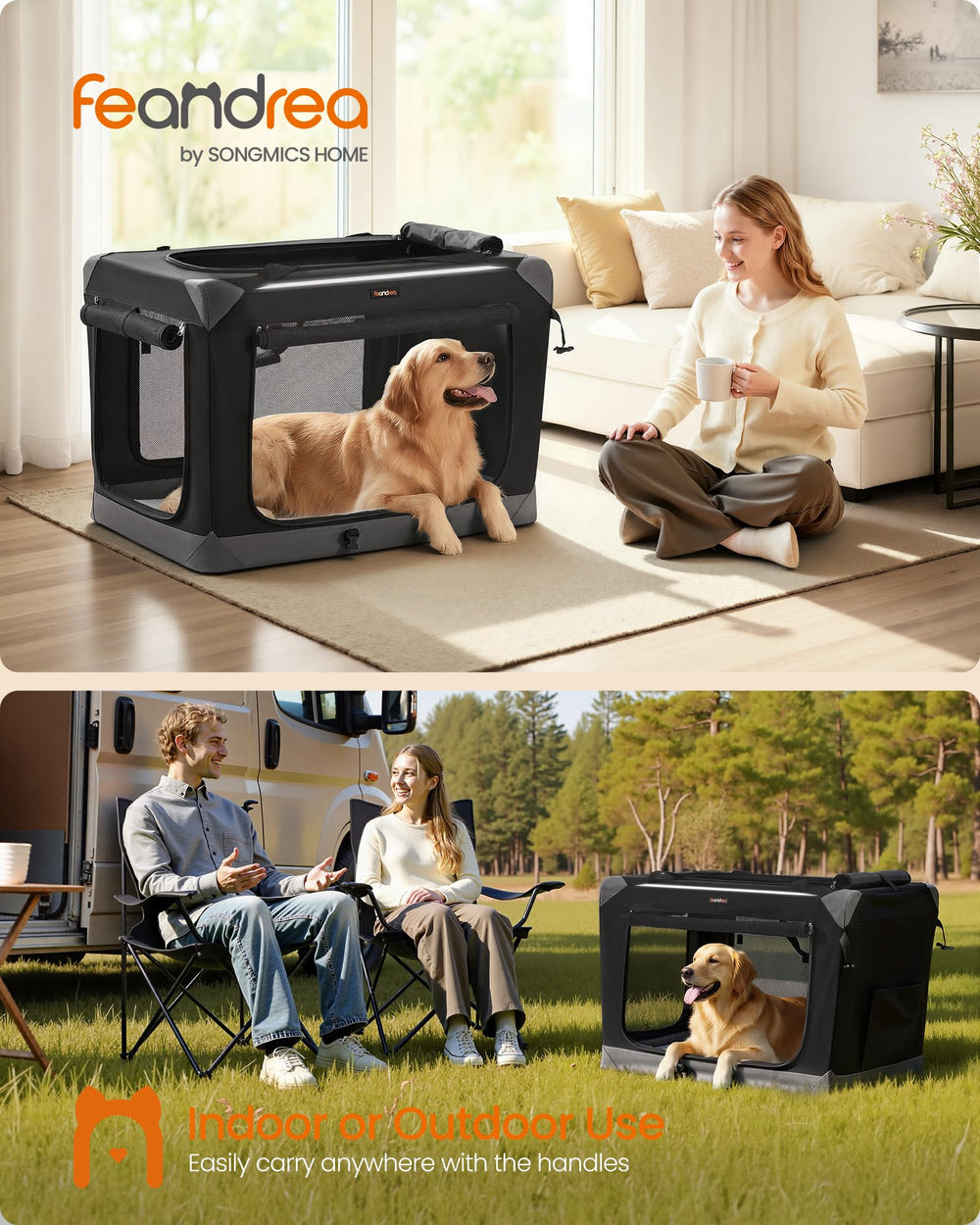 Feandrea collapsible dog crate side ventilation demonstrates breathable mesh for pet comfort