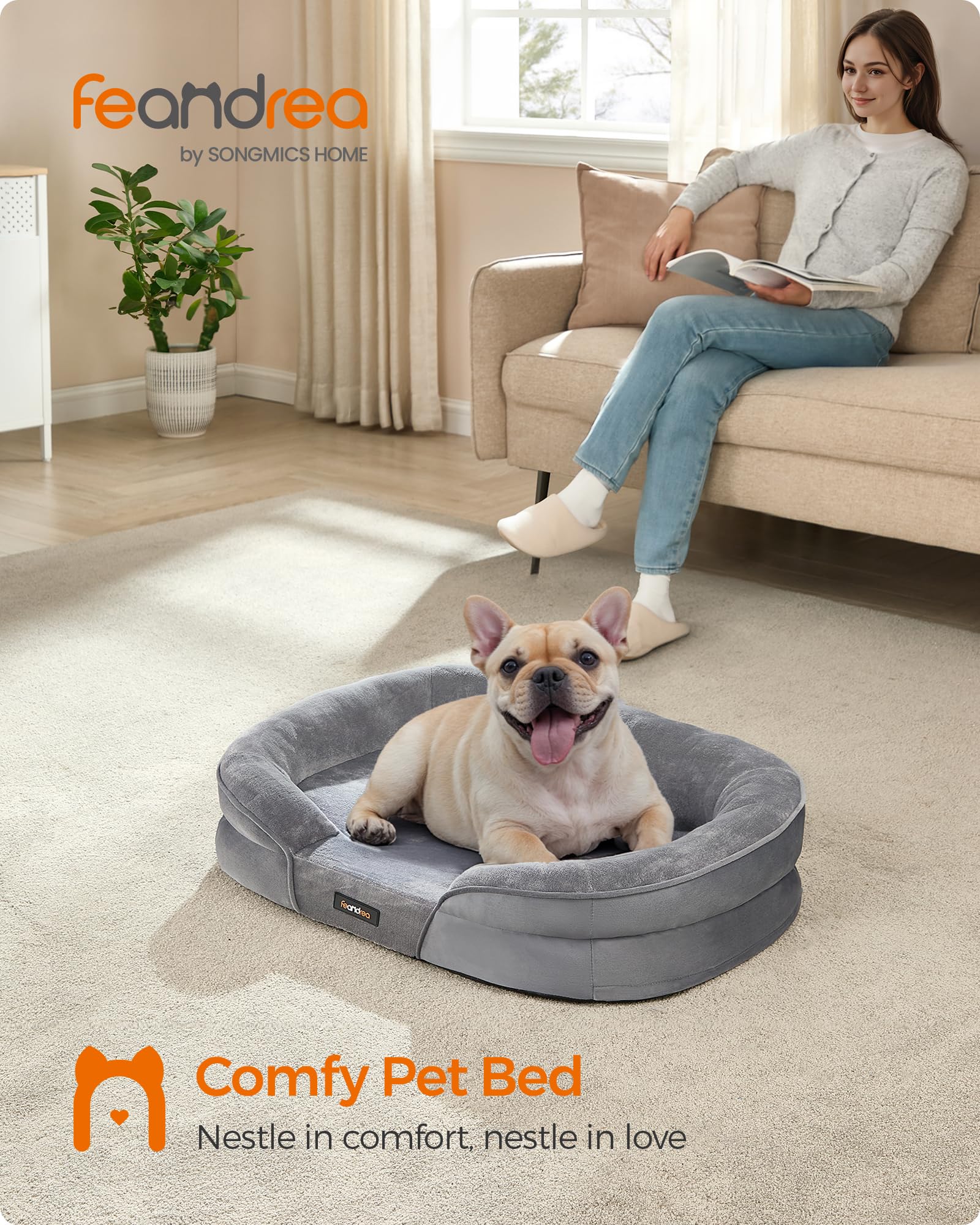 Feandrea dog bed raised edges close-up, offering head and neck support.