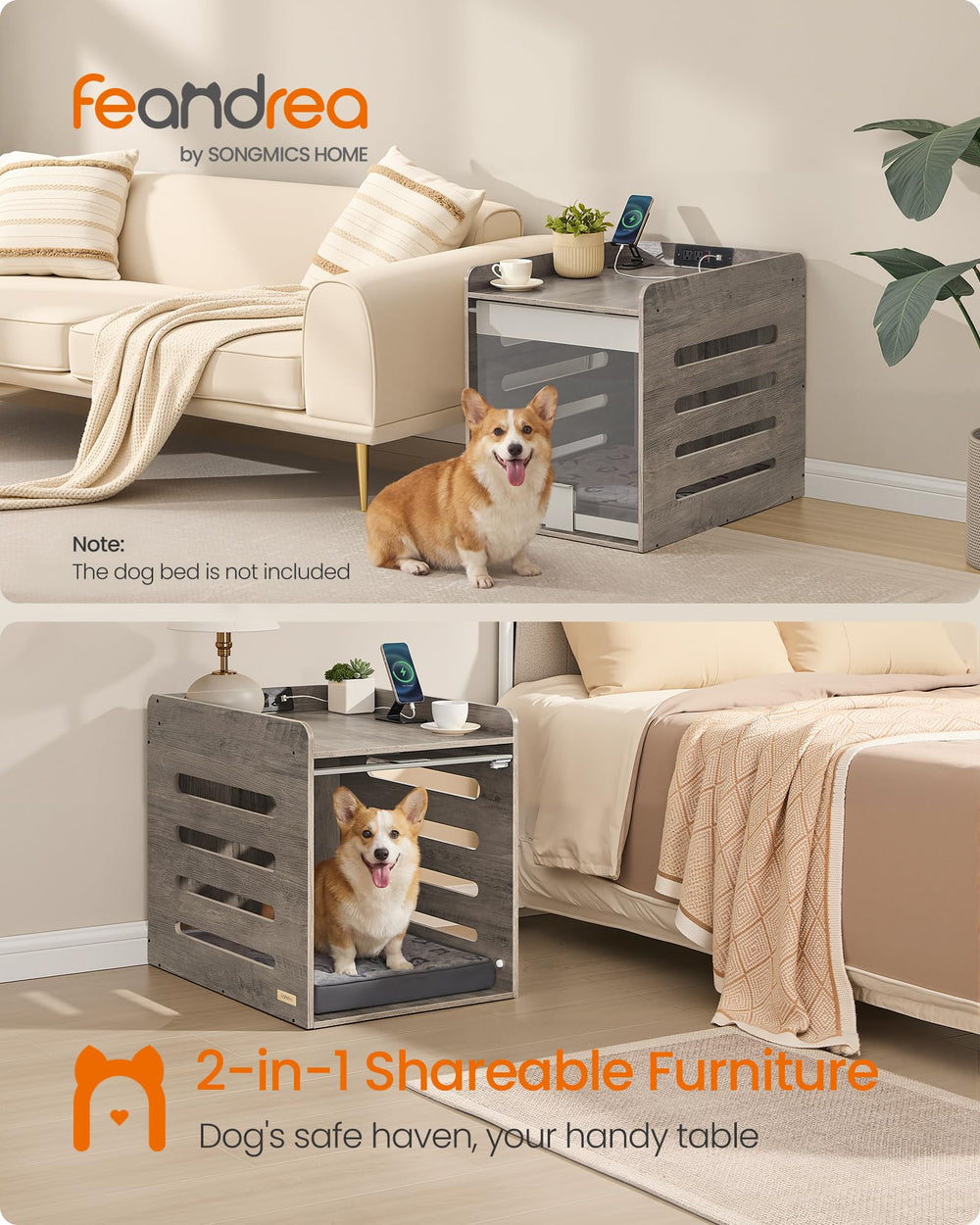 Feandrea dog crate end table with flip-up door for space-saving access