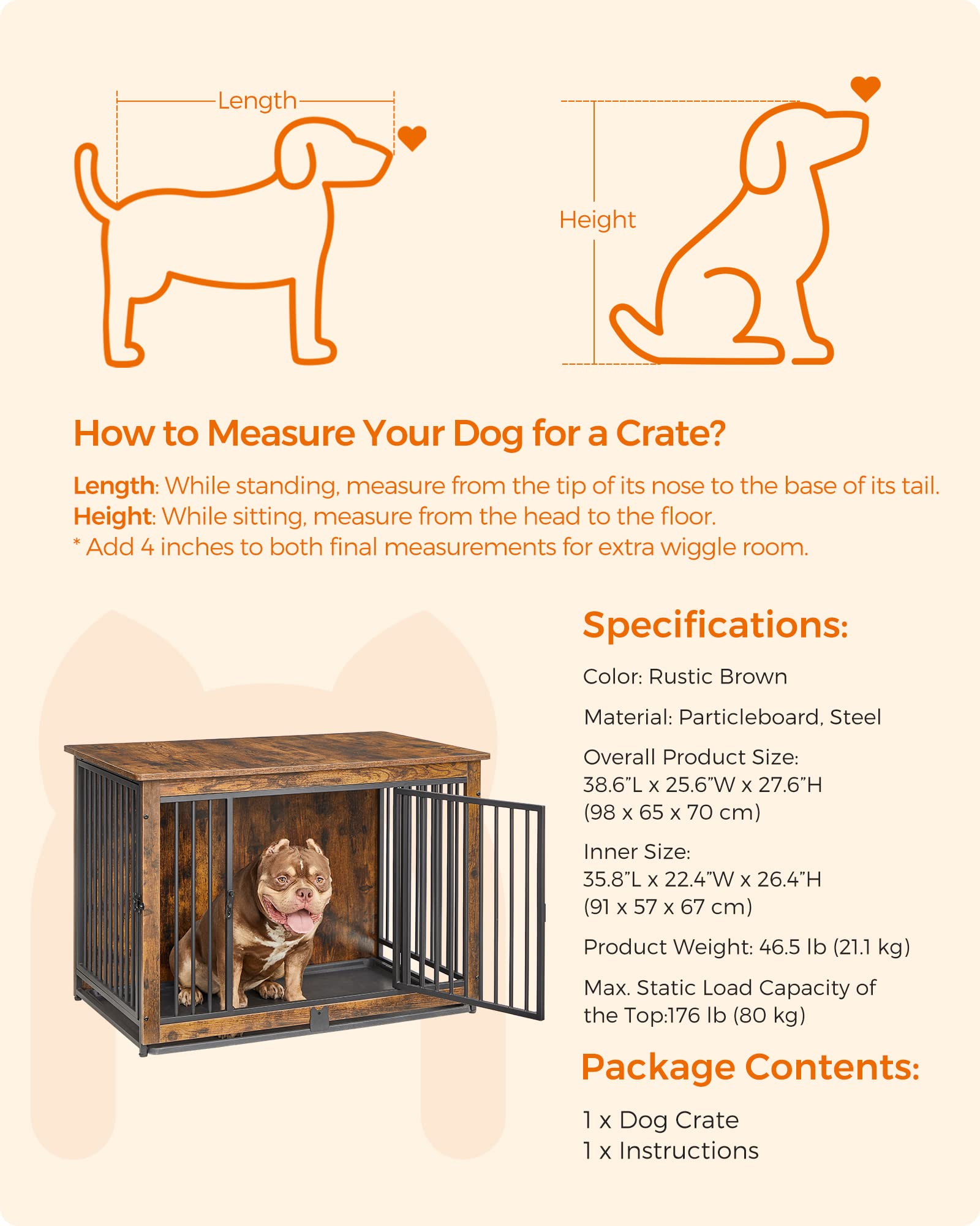Feandrea crate interior measures 35.8 by 22.4 by 26.4 inches for medium dogs