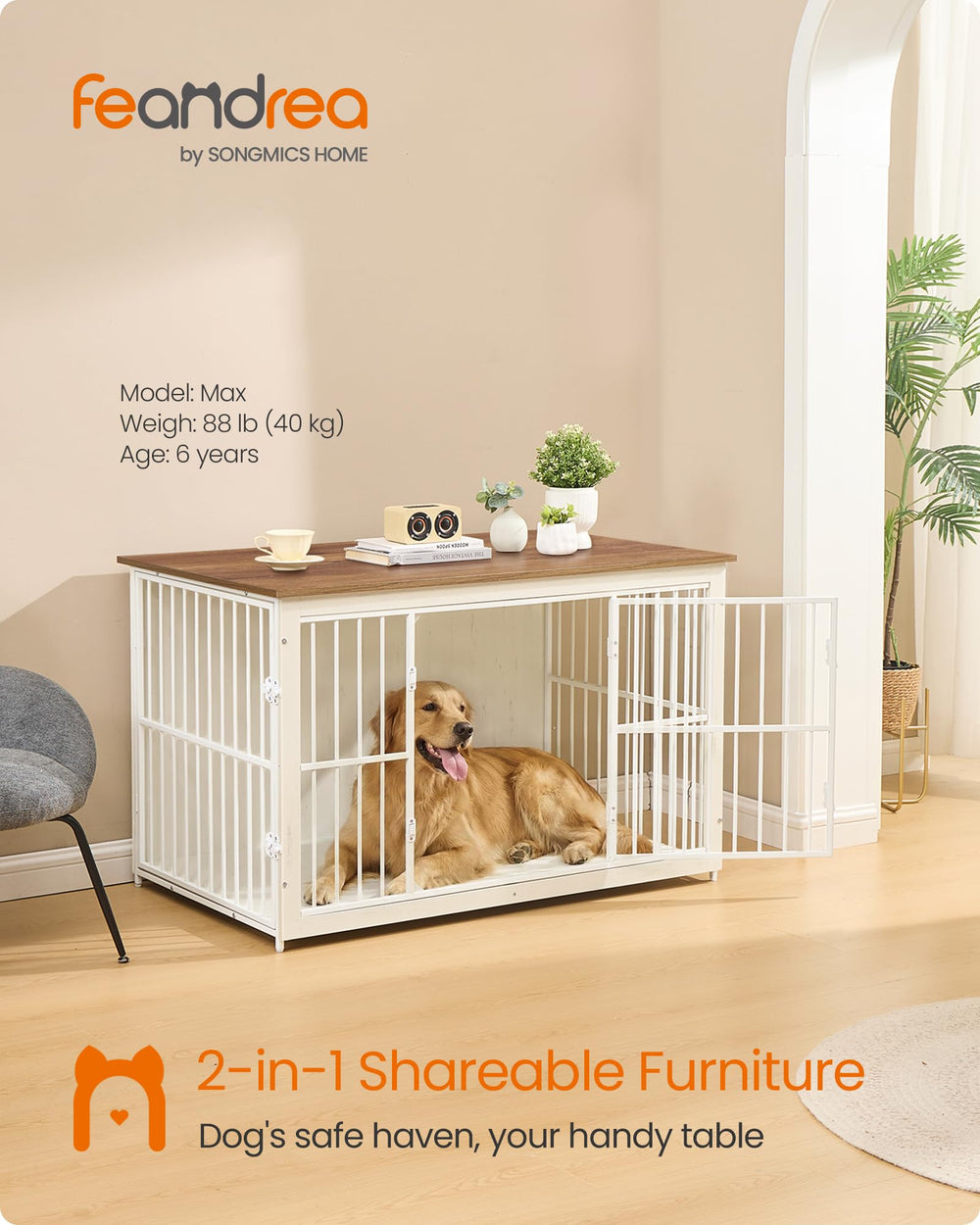 Feandrea dog crate side view showing compact, room-friendly design.