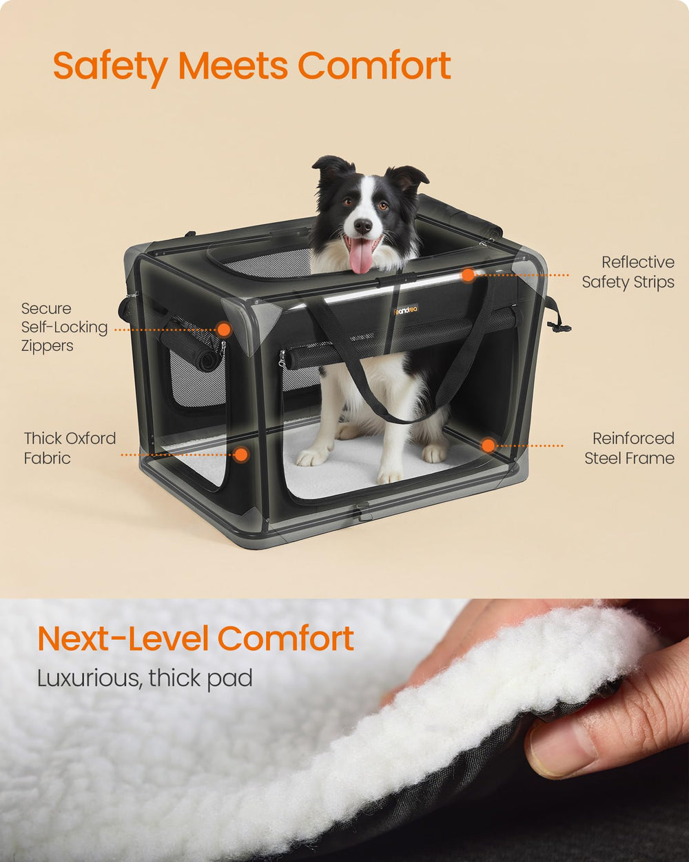 Feandrea portable dog crate featuring a storage pocket for essentials.
