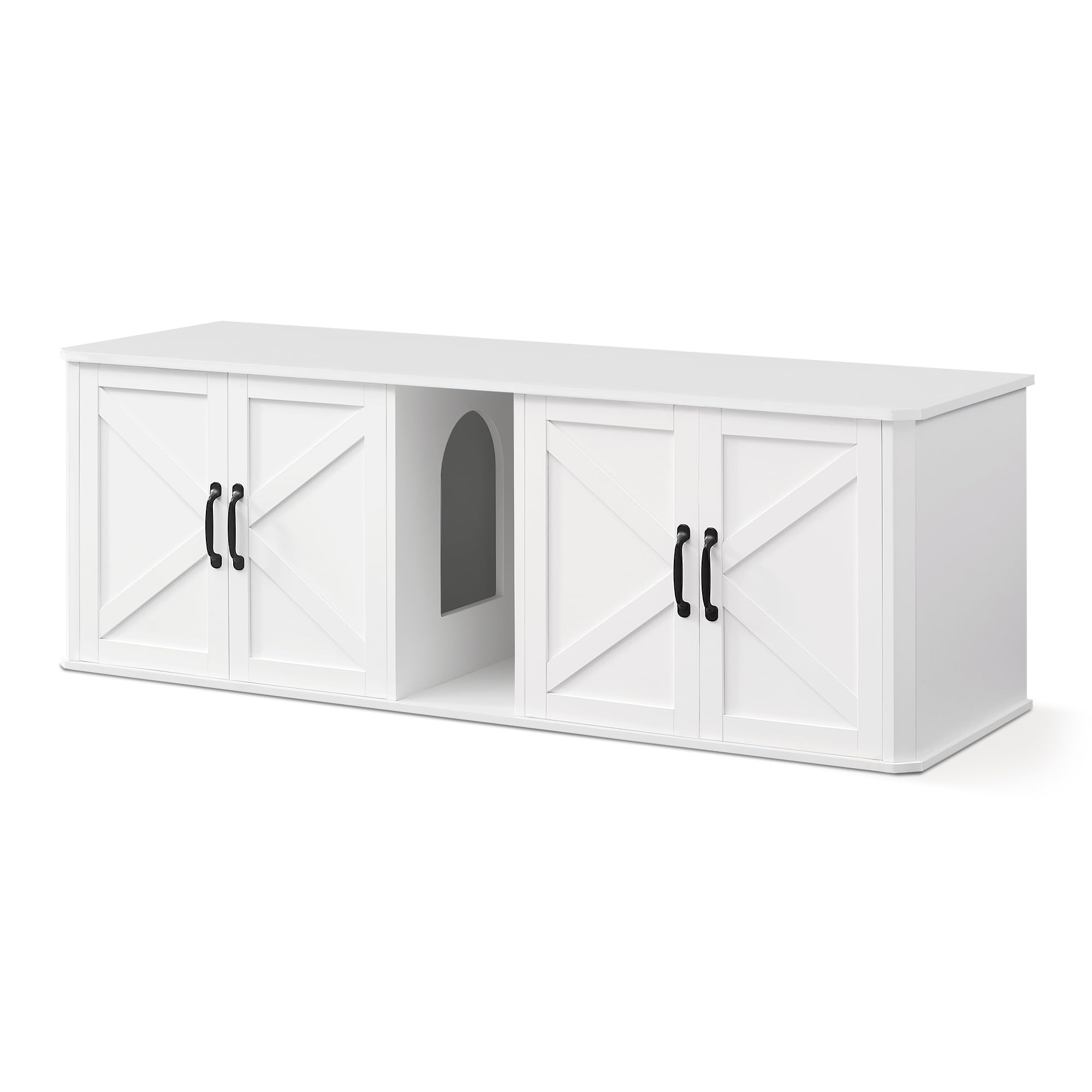 Feandrea double cat litter box enclosure with front entry reduces mess and dog interference.