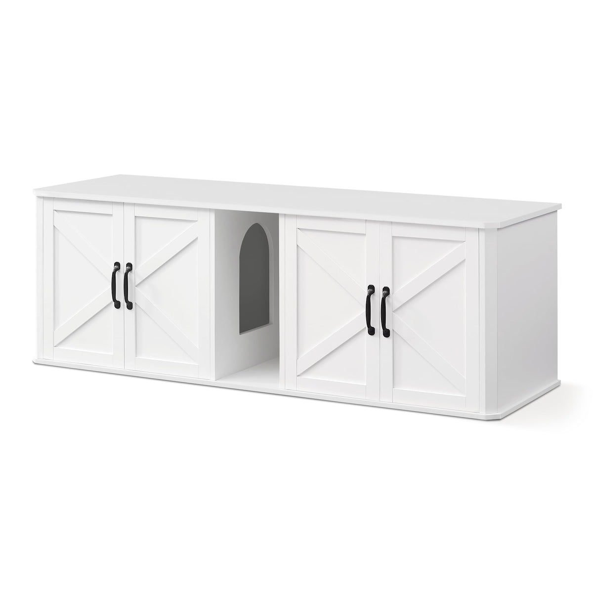 Feandrea double cat litter box enclosure with front entry reduces mess and dog interference.