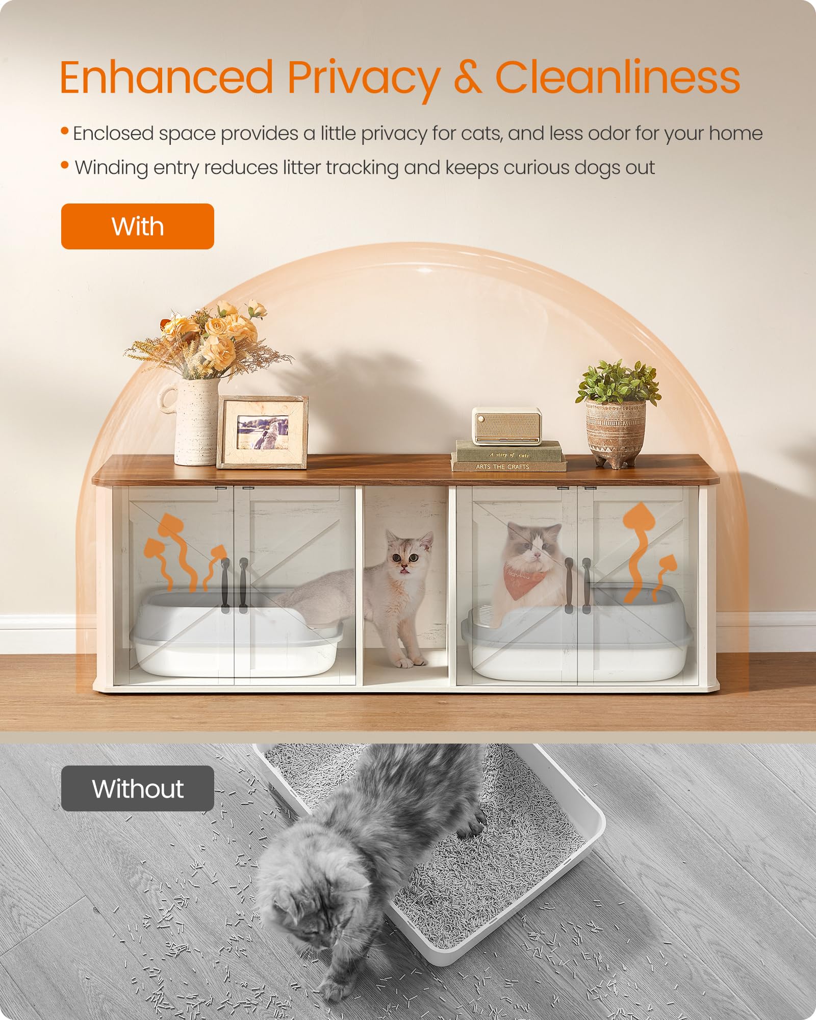 Feandrea honey-brown rustic finish blends with furnishings while keeping litter hidden.
